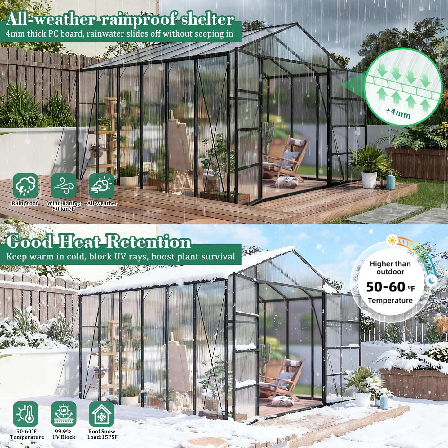 KEIKI 10x12 FT Polycarbonate Greenhouse for Outdoors, Heavy-Duty Aluminum Walk-in Greenhouse with Raised Base, Roof Vent & Drainage System, All-Season Garden Greenhouse, Black