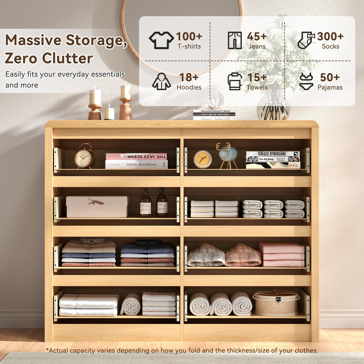 BAZELOR Fluted 8 Drawer Dresser for Bedroom, 50” Wide Modern Dresser & Chest of Drawers with Curved Profile Design, Wood Mid Century Dressers for Bedroom, Living Room, Oak