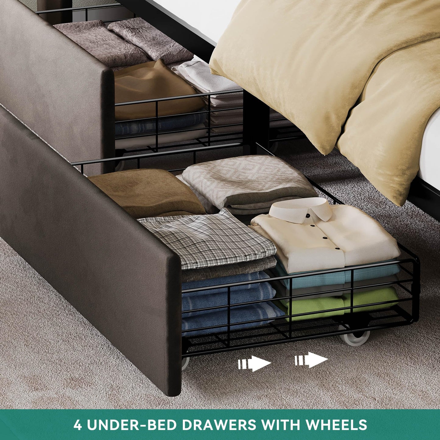 YITAHOME Queen Size Bed Frame with 4 Drawers and RGB LED Lights, Velvet Upholstered Platform Bed with Charging Station and Storage Headboard, No Box Spring Needed, Easy Assembly, Noise-Free, Grey