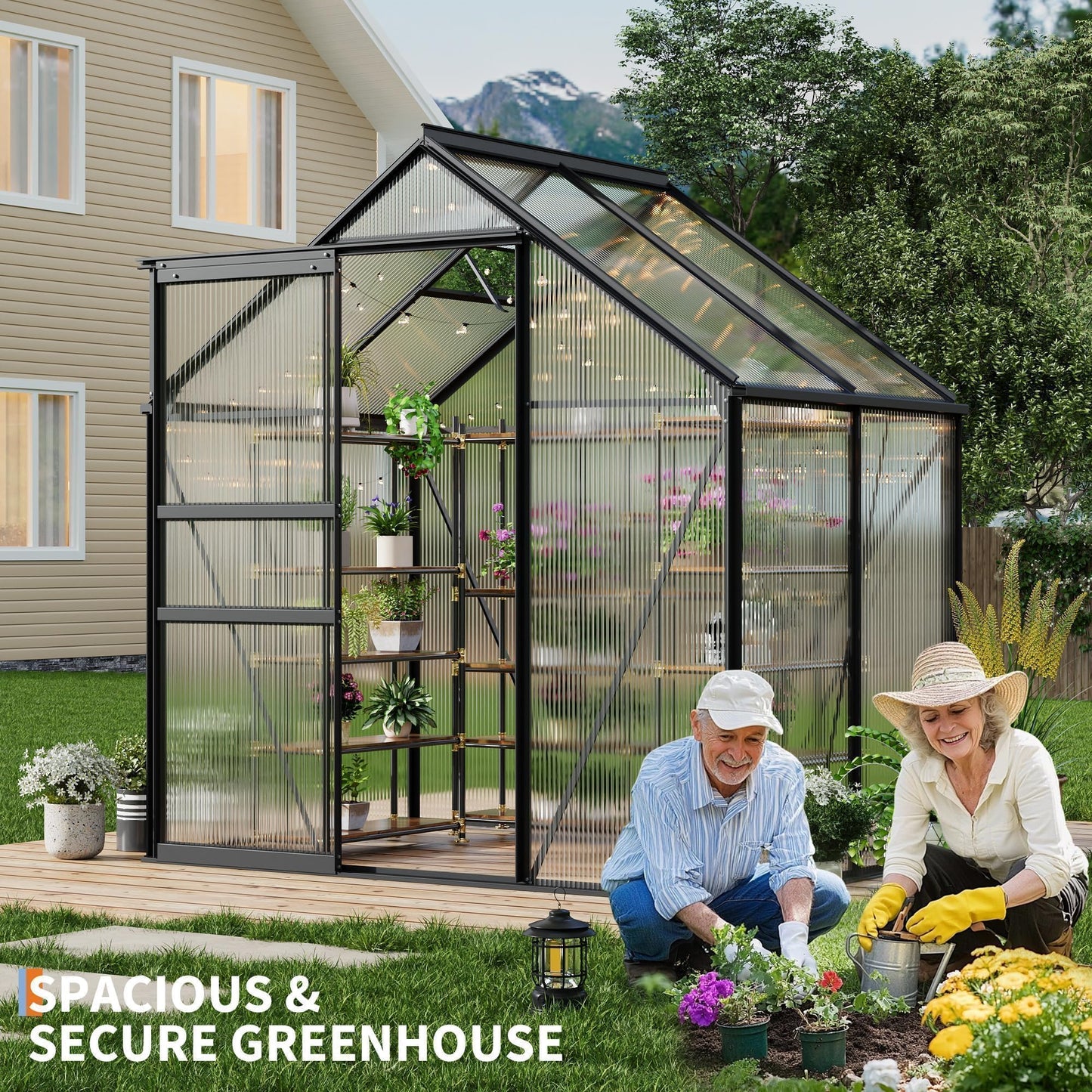 6x4 ft Greenhouse, Walk in Polycarbonate Greenhouses for Outdoors with Roof Vent&Sliding Door, Heavy Duty Green House with Aluminum Frame for Outside Garden Backyard, Patio, Lawn, Black