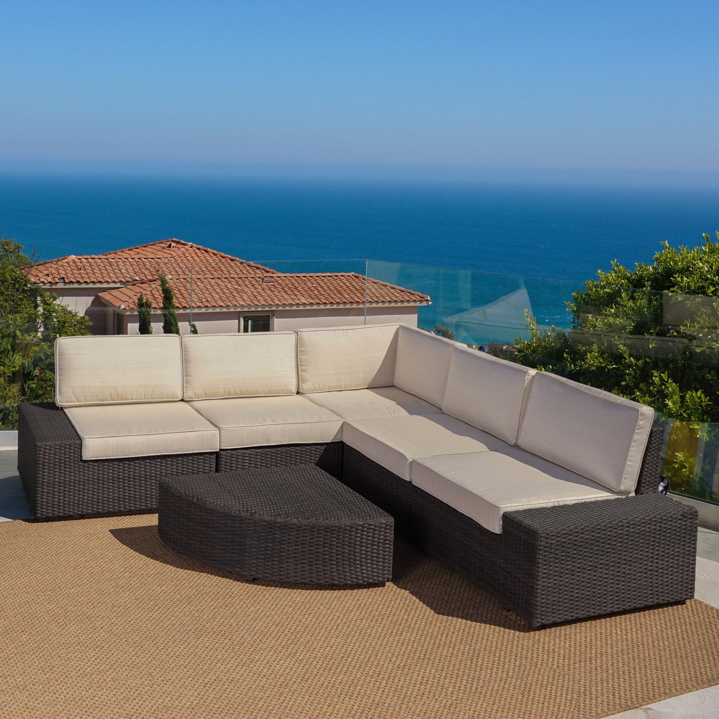 Christopher Knight Home Santa Cruz Outdoor Wicker Sectional Sofa Set with Water Resistant Cushions, 6-Pcs Set, Brown