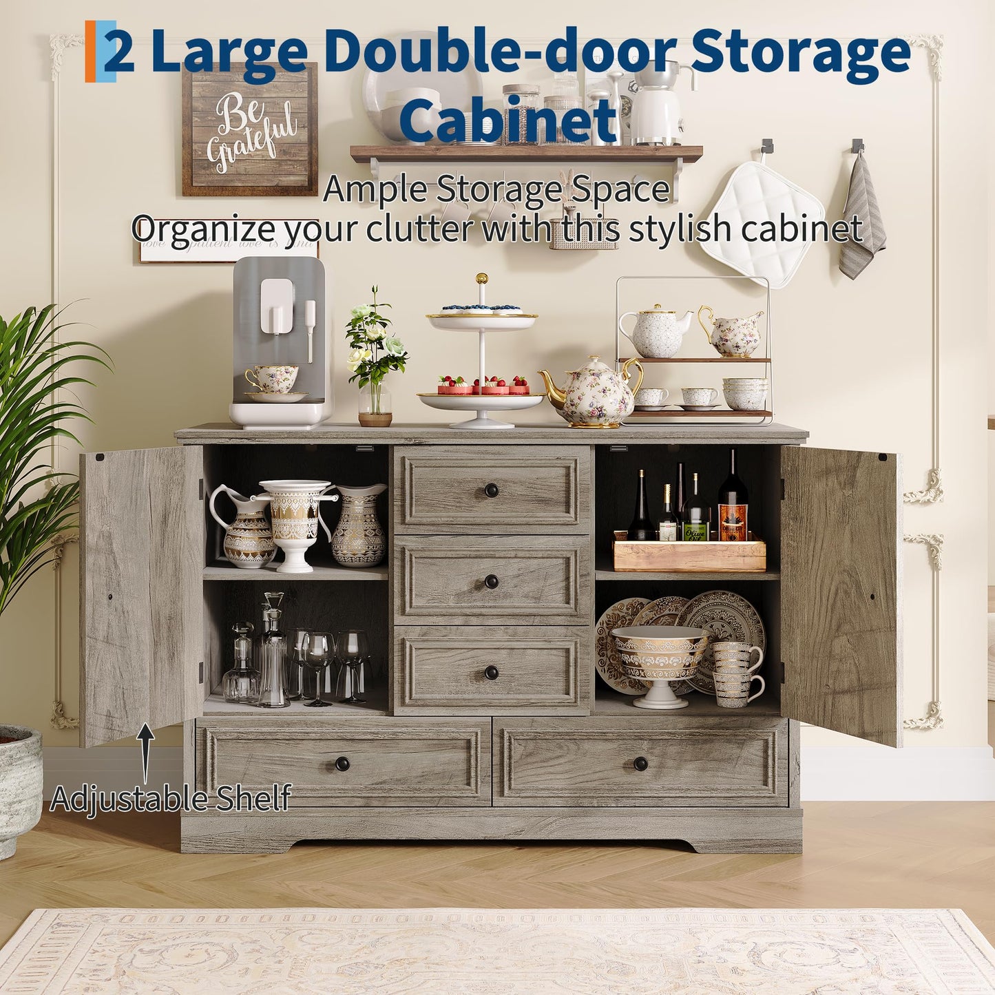 Garvee Farmhouse Sideboard Buffet Cabinet with 5 Drawers and 2 Doors, 47" Kitchen Storage Cabinet, Wood Coffee Bar Cabinet with Adjustable Shelves for Dining Room Living Room, Grey