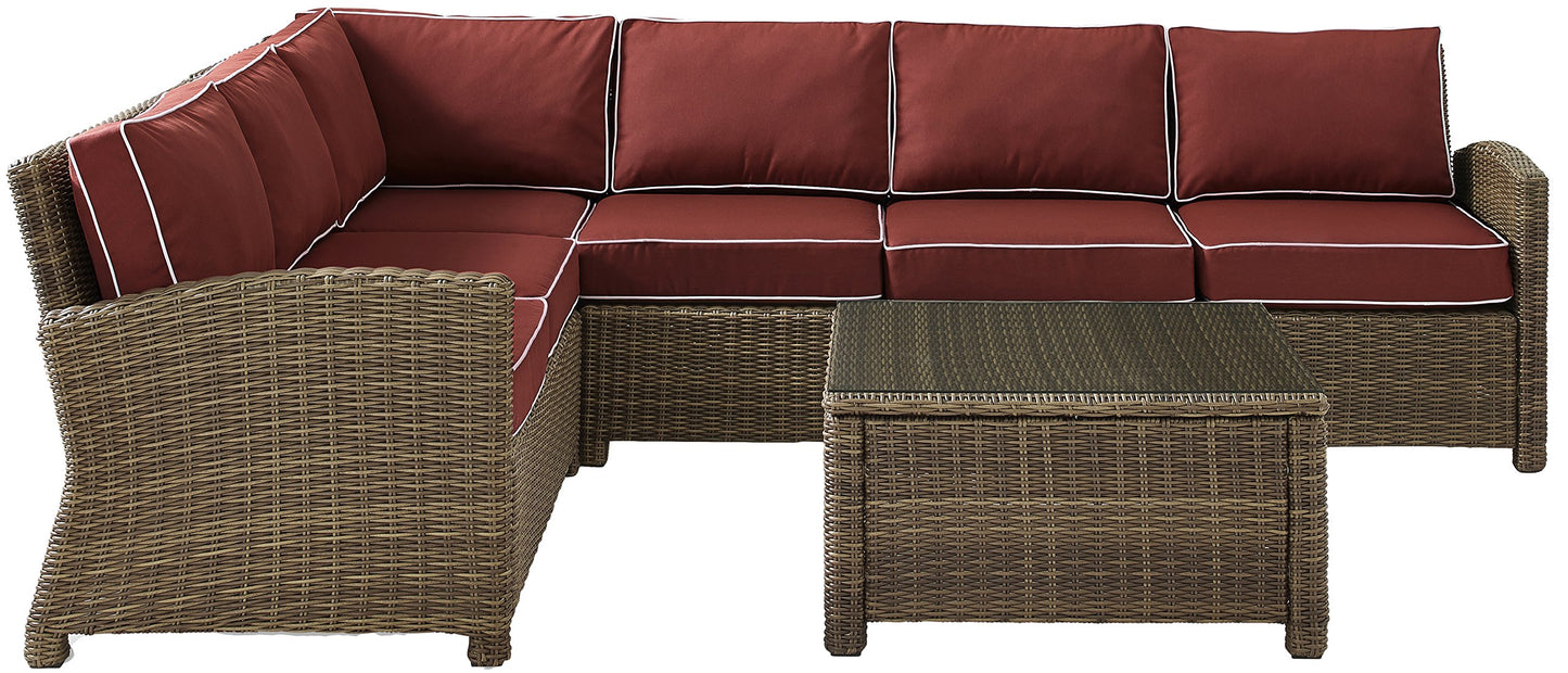 Crosley Furniture Bradenton 5-Piece Outdoor Sectional Sofa Wicker Conversation Patio Furniture Set for Deck, Brown with Sangria Cushions
