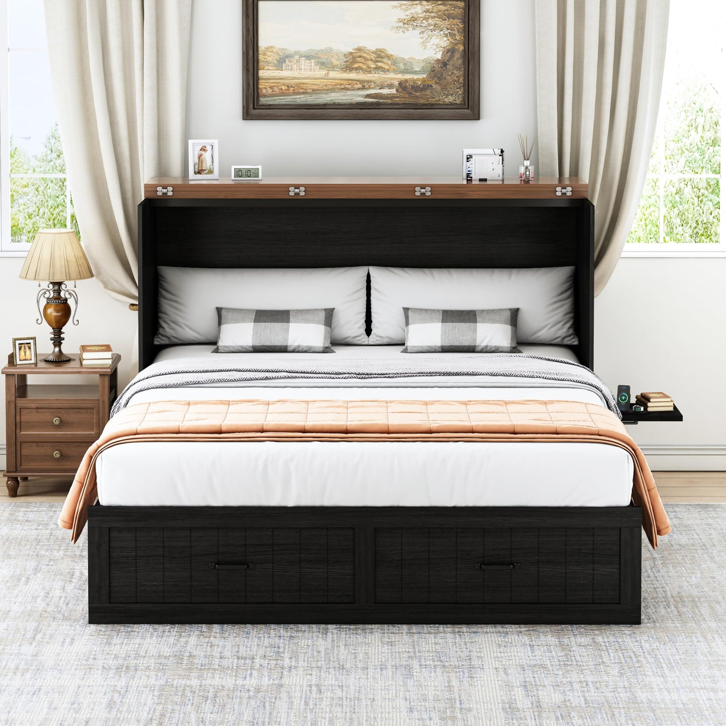 Bvldfamly Full Murphy Bed with Charging Station, Farmhouse Noisy-Free Foldable Cabinet Bed Frame with Storage Drawer, Space Saving Hideaway Wall Bed for Guest Bedroom, Living Room, Office, Black