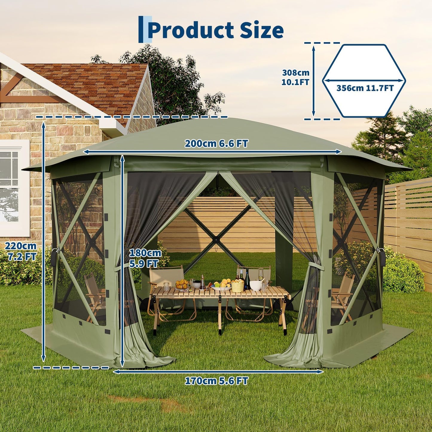 GarveeLife 11.5x11.5FT 6-Sided Pop Up Gazebo Tent，One-Push Setup Canopy Tent with Mesh Panels & Removable Wind Cloths, Outdoor shelter for Camping, Backyard Parties, Outdoor Events - Army Green