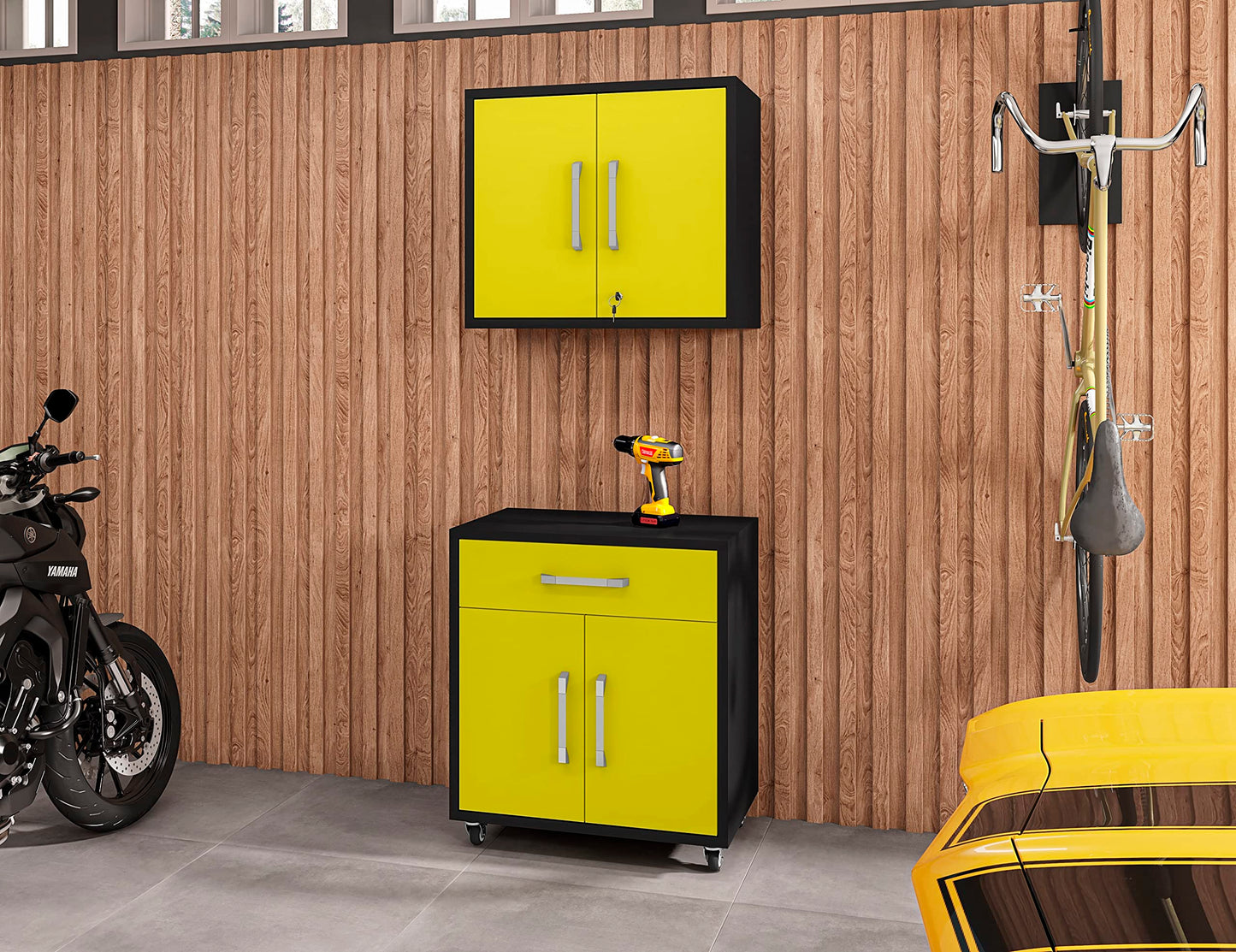 Manhattan Comfort Eiffel Garage Cabinets and Storage System, 2 Piece Set, Yellow