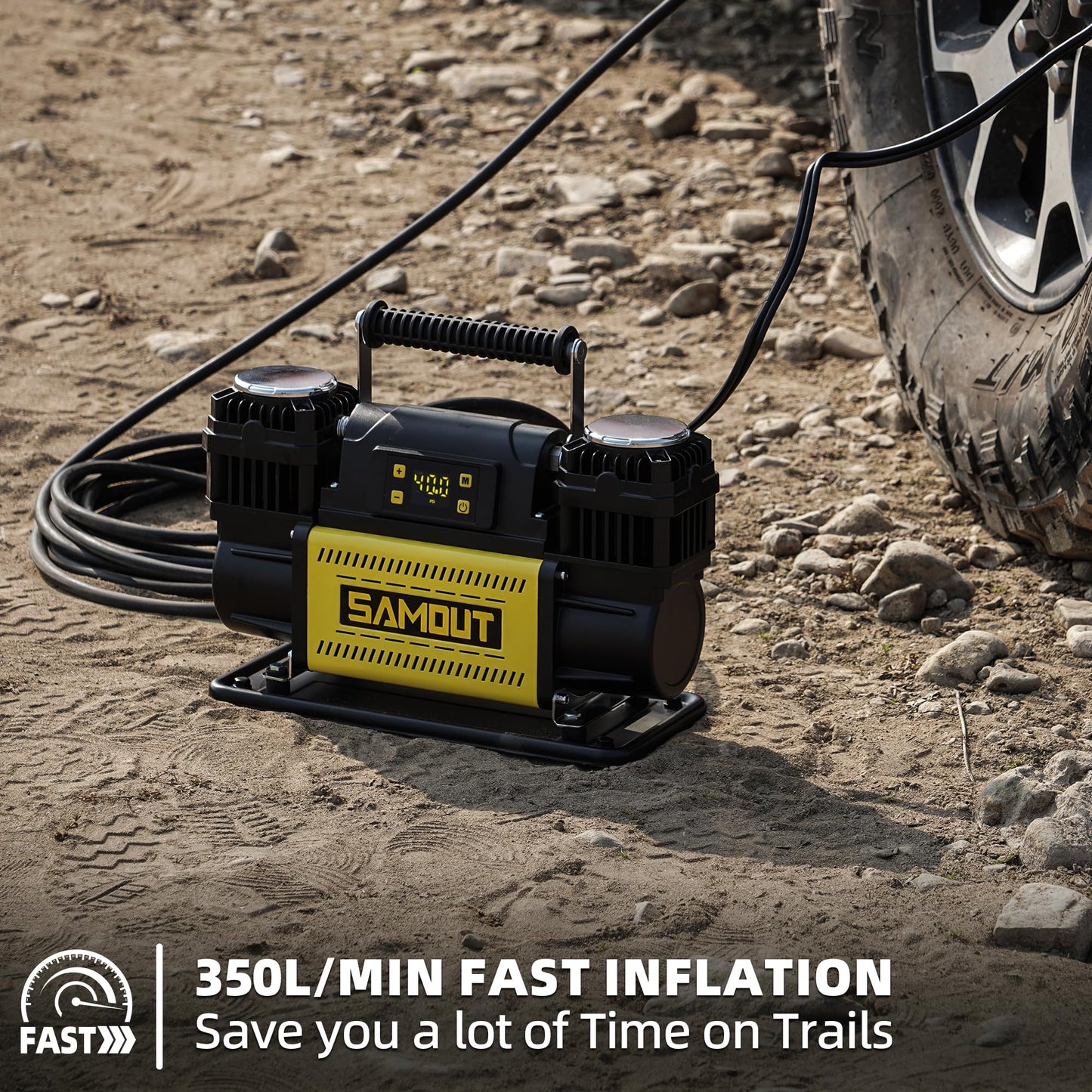 SAMOUT 12V Digital Air Compressor, Offroad Portable Inflator 12.3 CFM, Air Pump Max 150PSI for Heavy-Duty Tires, with LCD Control Panel to Preset Target Pressure, 4x4 Vehicle, SUV, RV