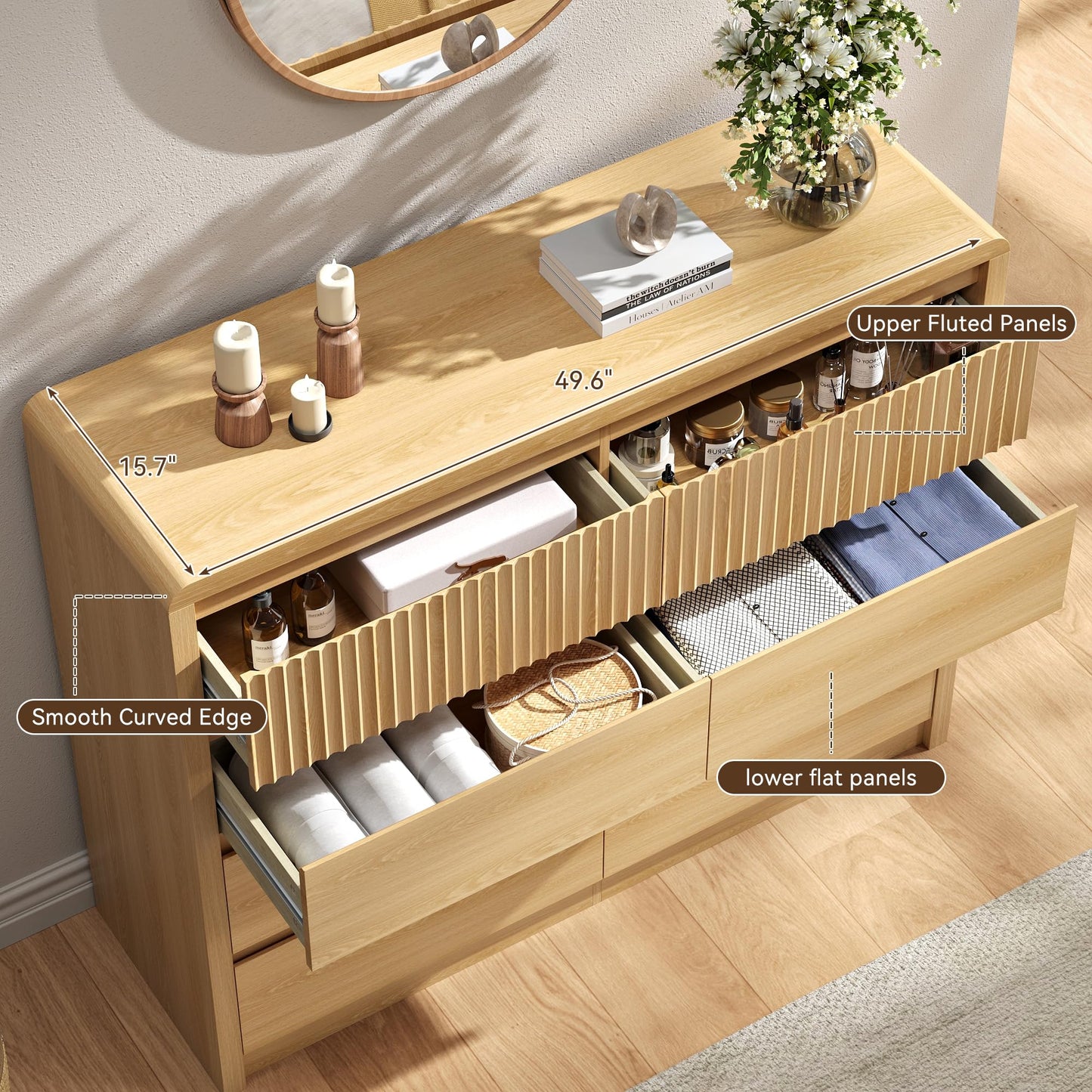 BAZELOR Fluted 8 Drawer Dresser for Bedroom, 50” Wide Modern Dresser & Chest of Drawers with Curved Profile Design, Wood Mid Century Dressers for Bedroom, Living Room, Oak