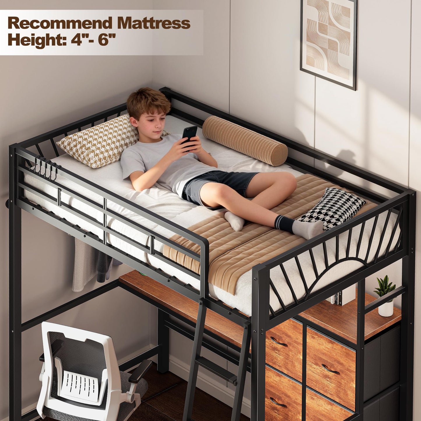 Decofy Twin Loft Bed with Desk and 6 Storage Drawers, Metal Twin Size Loft Beds with Charging Station, RGB LED Lights, and Pegboard & Hanging Rod for Kids, Teenager (Black)