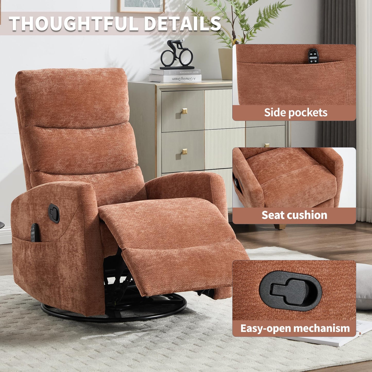 KEIKI Heat Massage Manual Recliner Chair, 360° Swivel Rocker with Lumbar Heat, Chenille Fabric Overstuffed Padding, 3 Massage Modes Timer, Tool-Free 10-Min Assembly for Bedroom Lounge, Orange