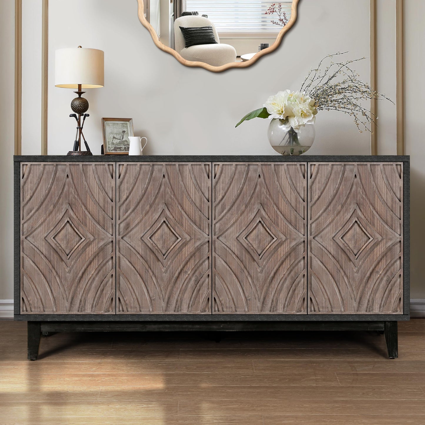 Noble House Home Furnishings Ruly Mid-Century Modern Sideboard Buffet Cabinet with Storage, Wooden Living Room TV Stand for TV up to 65 inch, Entryway Storage Cabinet with Adjustable Shelves, Black