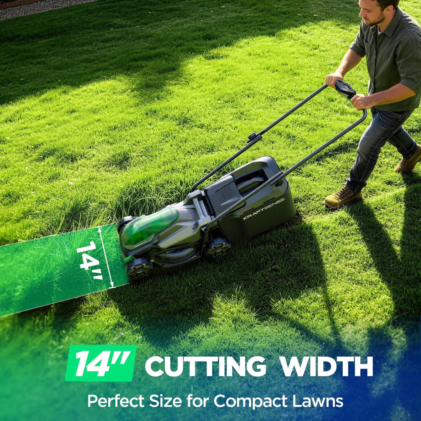Kraftsense 14" Cordless Lawn Mower, 20V Lightweight Push Mower with 2×5.0Ah Battery, Ultra-Quiet Motor for Small Yards, Lawn Care, Backyard Maintenance