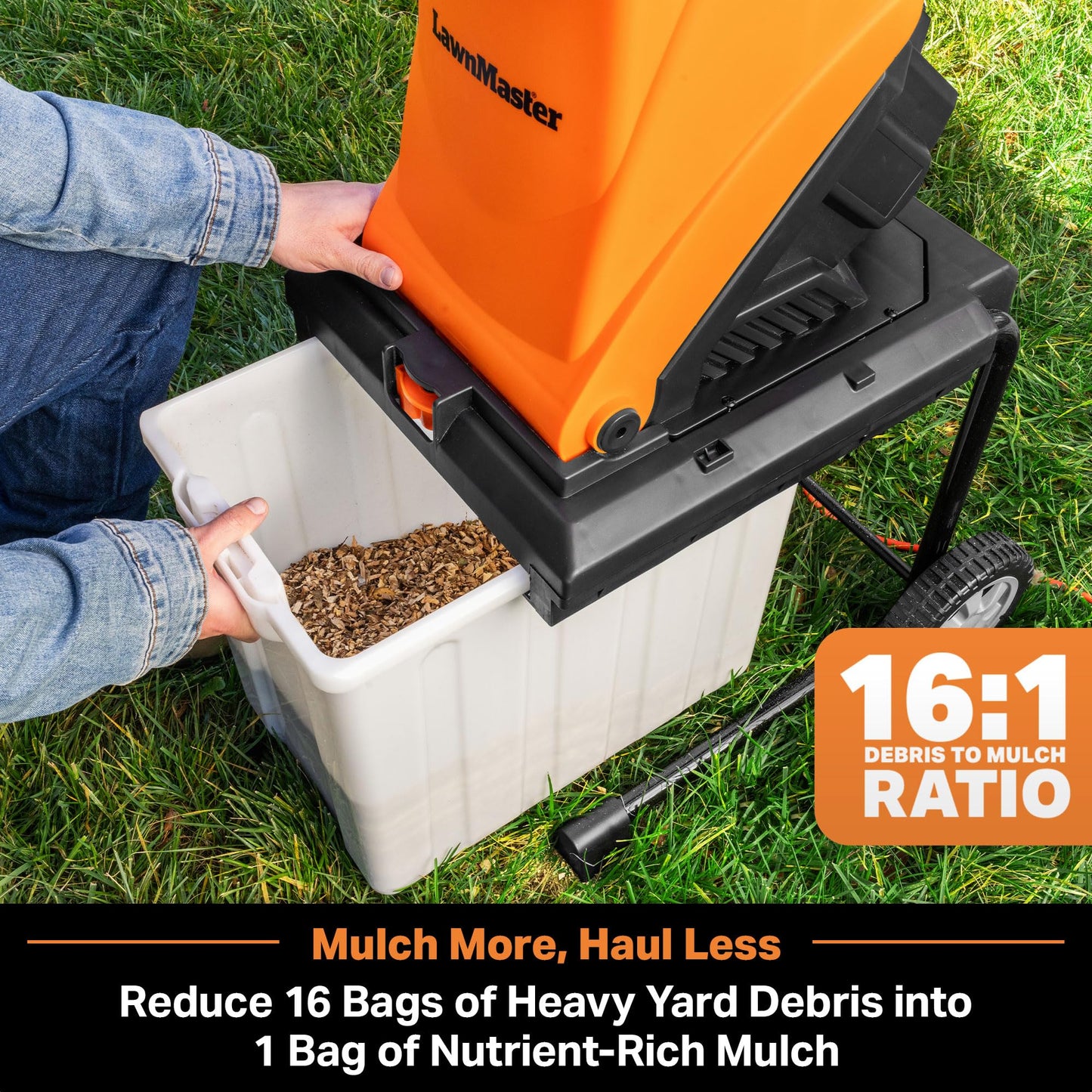 LawnMaster Wood Chipper, 15 Amp Electric Wood Chipper Shredder with Collection Bin, 1.8-Inch Cutting Diameter Max 16:1 Reduction-FD1504