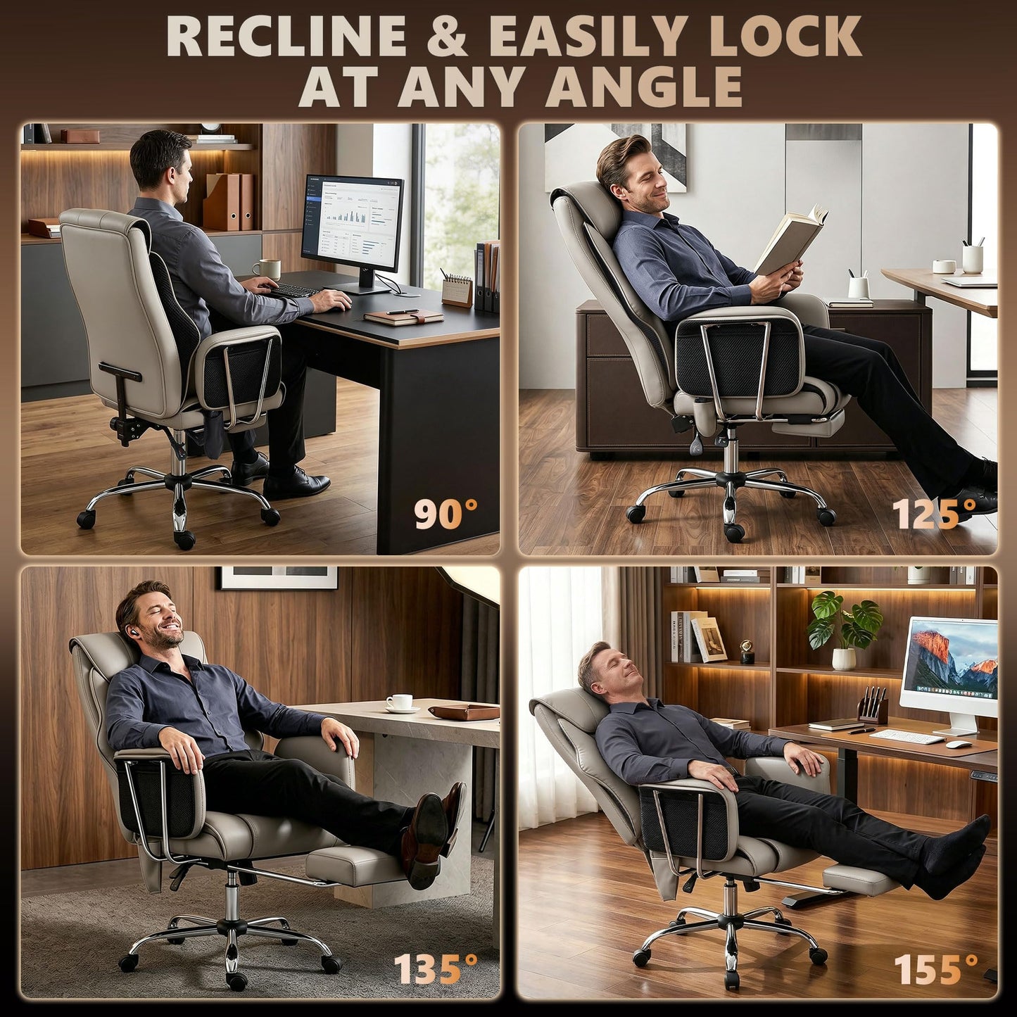 HOMCOM Massage Office Chair with 6-Point Vibration, Overstuffed Reclining Desk Chair with High Back, PU Leather, Footrest, Thick Spring Cushion, Lumbar Support, Grey