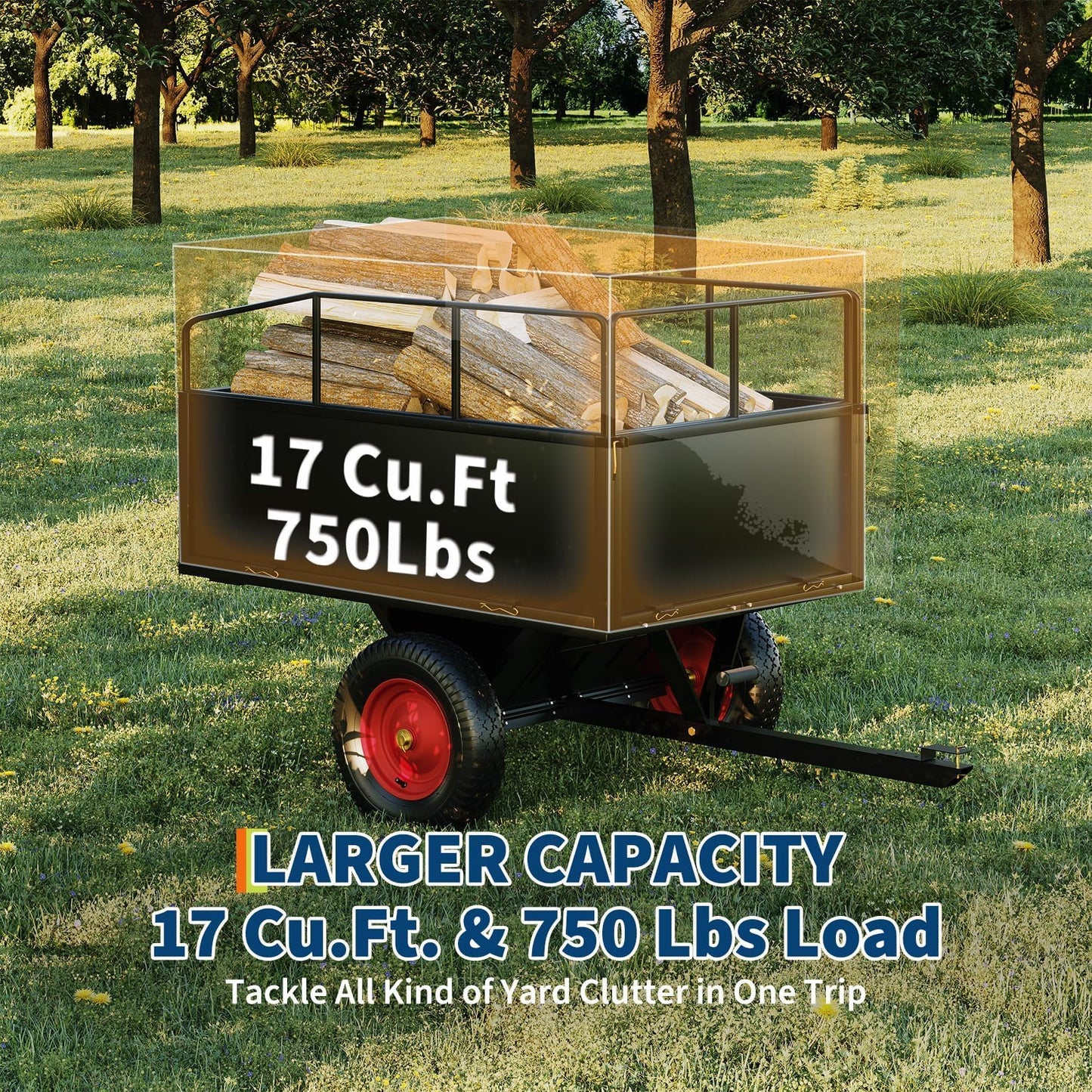 750 lbs 17 Cubic Feet Steel Dump Cart Trailer with Removable Sides, All Terrain Tires for Lawn Mower, Tractor, ATV | Heavy Duty Yard Garden & Farm Utility Trailer for Hauling Rocks, Soil, Debris