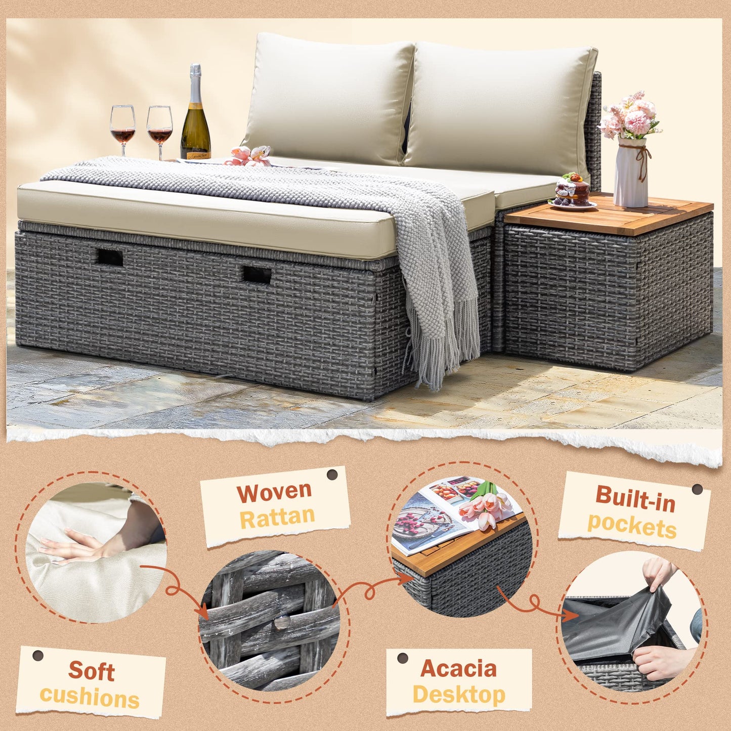 Greesum Patio Furniture Set Multifunctional Outdoor Sectional Sofa Rattan Chaise Lounge Wicker Daybed with Couch, Cushions, Storage Ottoman and 2 Side Tables for Backyard Porch Poolside Lawn, White