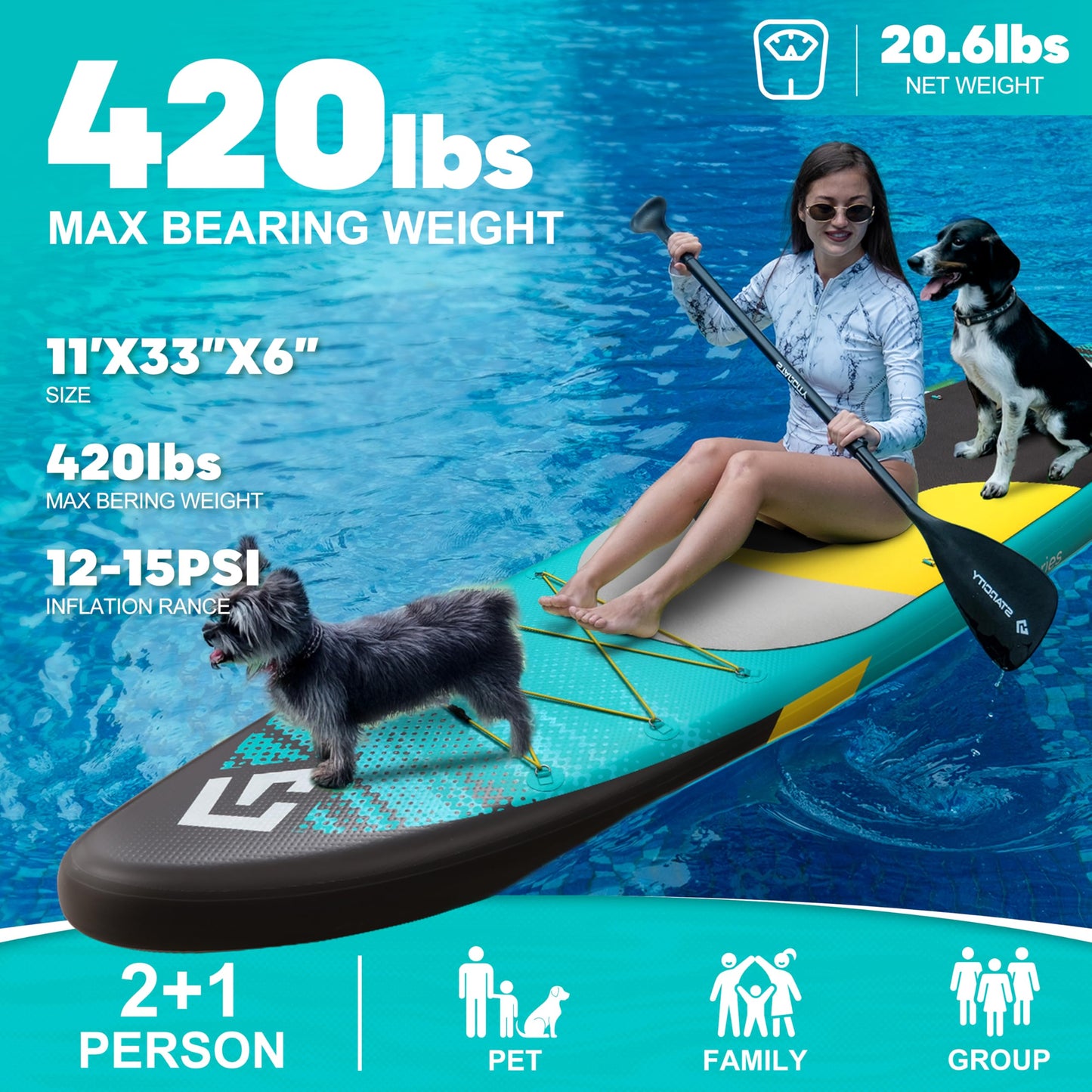 Starcity 11'*33"*6" Blow Up Paddle Board, Inflatable Paddle Board, Spacious and Stable, Anti Slip and Easy to Operate, Large Size Suitable for Single Person/Family/Pet Use, Green Black