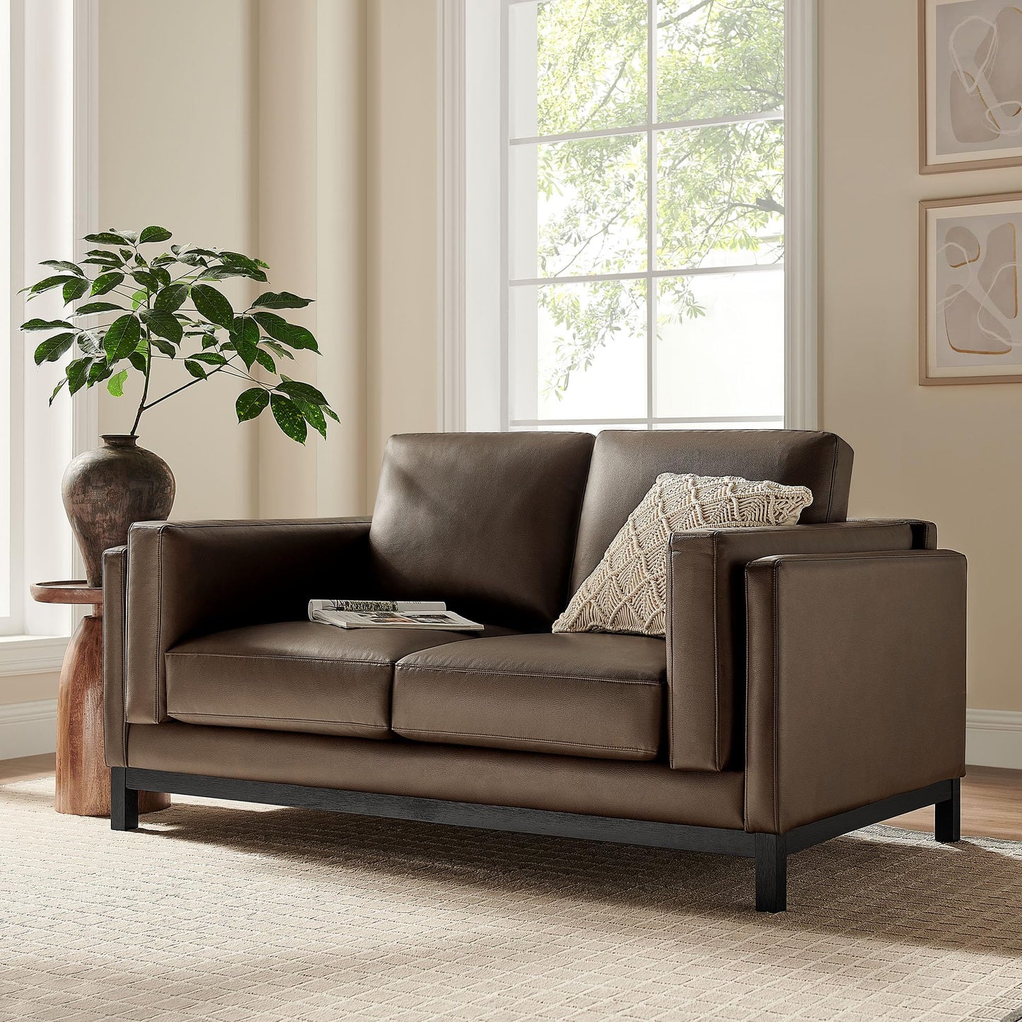 Modway Roscoe 63 Inch Vegan Leather Loveseat in Espresso - Comfortable Faux Leather 2 Seater Couch for Living Room, Apartment, or Office Seating