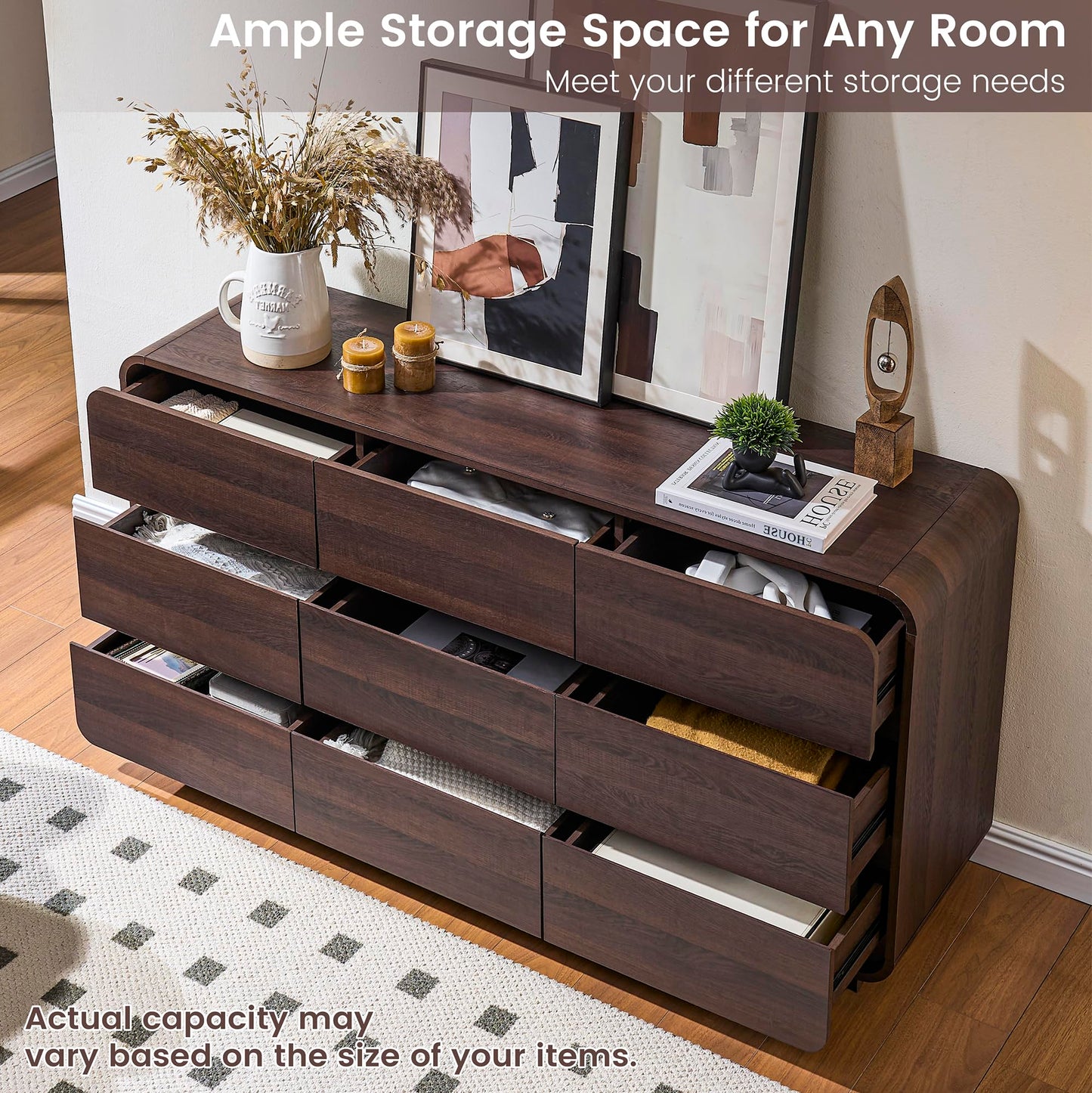 Standifurno 9 Drawer Double Dresser for Bedroom, Modern Curved Wood Chest Drawers of Handleless, Large Storage Dresser Bedroom, Living Room, Entryway, Walnut