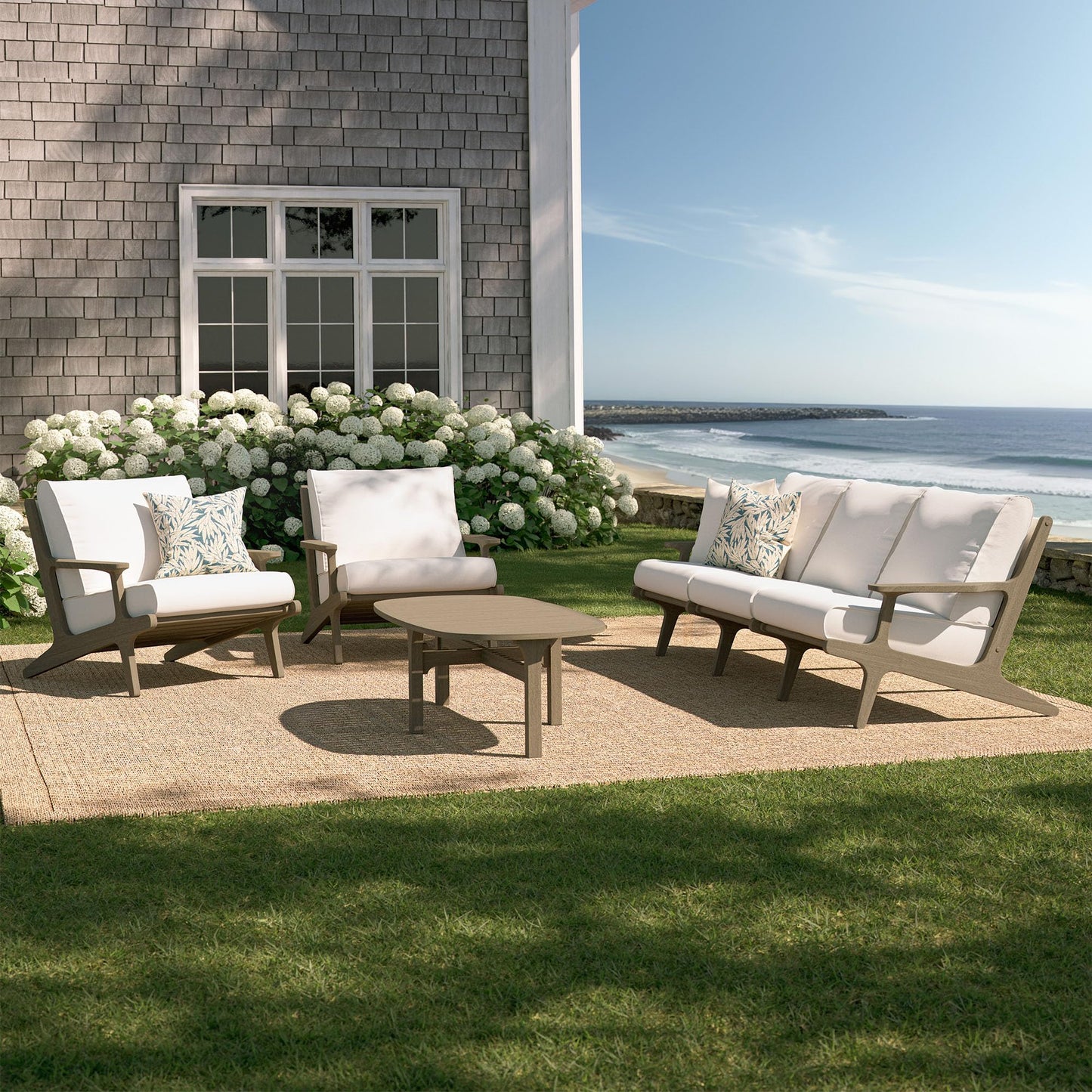 Modway Saratoga 4-Piece Teak Wood Outdoor Furniture Set in Weathered Gray White - Patio Conversation Set with Sofa, 2 Armchairs, and Coffee Table