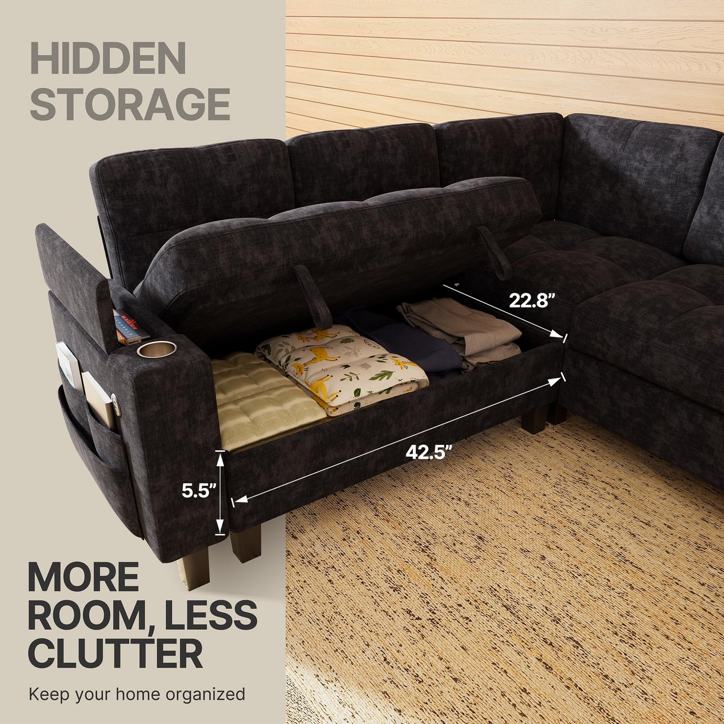 Marsail 84.6" Sectional Sleeper Sofa with Pull Out Bed, 5 Seat Modular Sectional Couch with Storage, USB & Cup Holders, Modern Chenille Cloud Sofa for Living Room, Dark Gray