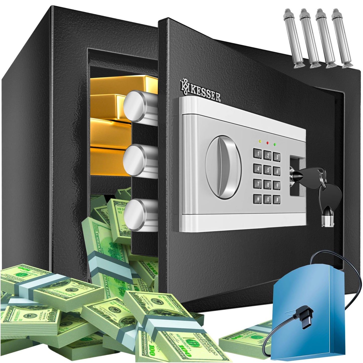 KESSER Electronic Safe | 35 x 25 x 25 cm | With Battery Box | Electronic Safe | 3 x Double Bolt Lock | Floor Wall Safe | Furniture Safe | Lighting