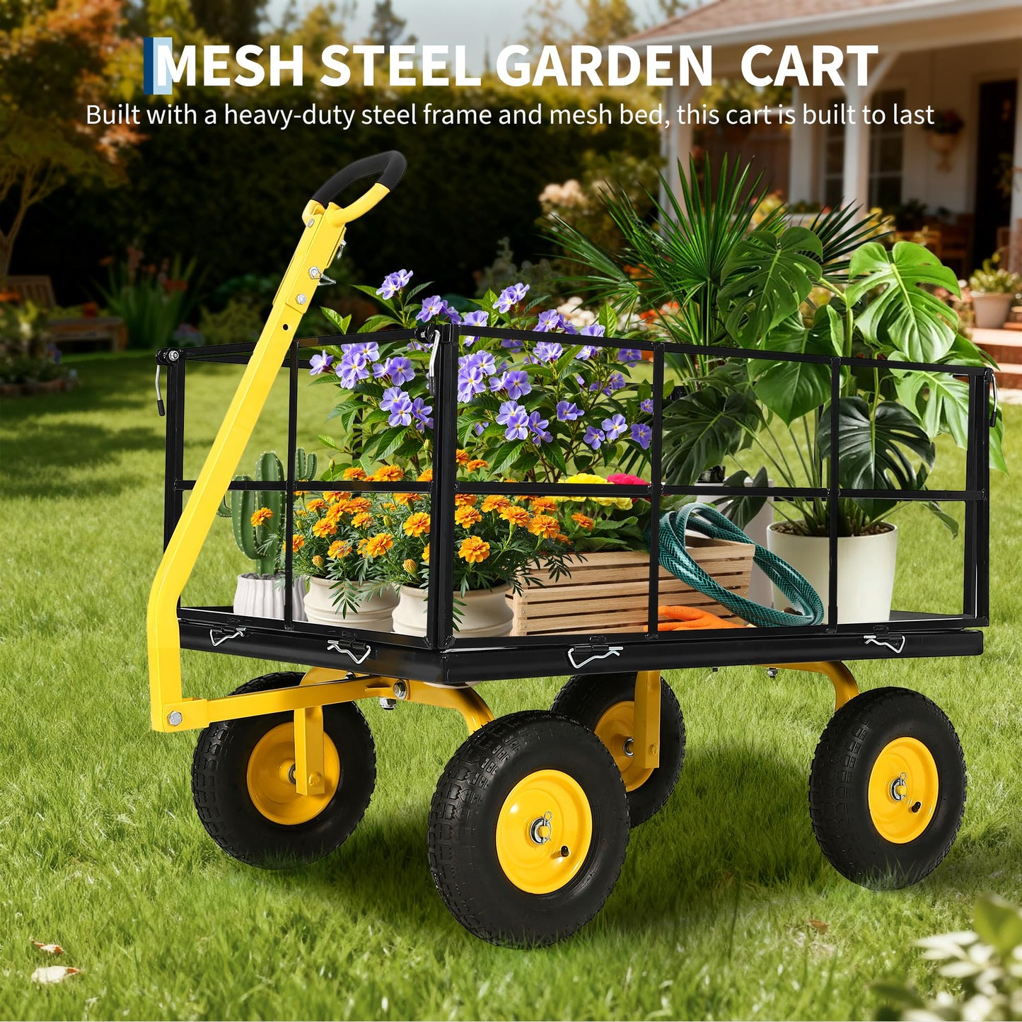 Garvee 1500 LB Garden Dump Cart with 13 in All Terrain Tires, 3-in-1 Yard Wagon Cart with Removable Side Panels, Heavy Duty Outdoor Metal Utility Wagon Yard Trailer for Outdoor Lawn, Yard, Backyard