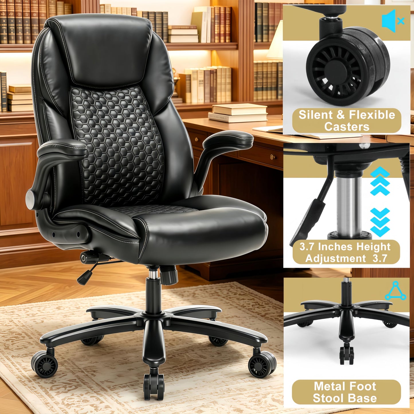 ZLHECTO® Big and Tall Executive Office Chair, PU Leather Swivel Desk Chair with Flip-up Arms, Adjustable Lumbar Support, Space-Saving Height Adjustable Rolling Computer Chair for Home & Office Use