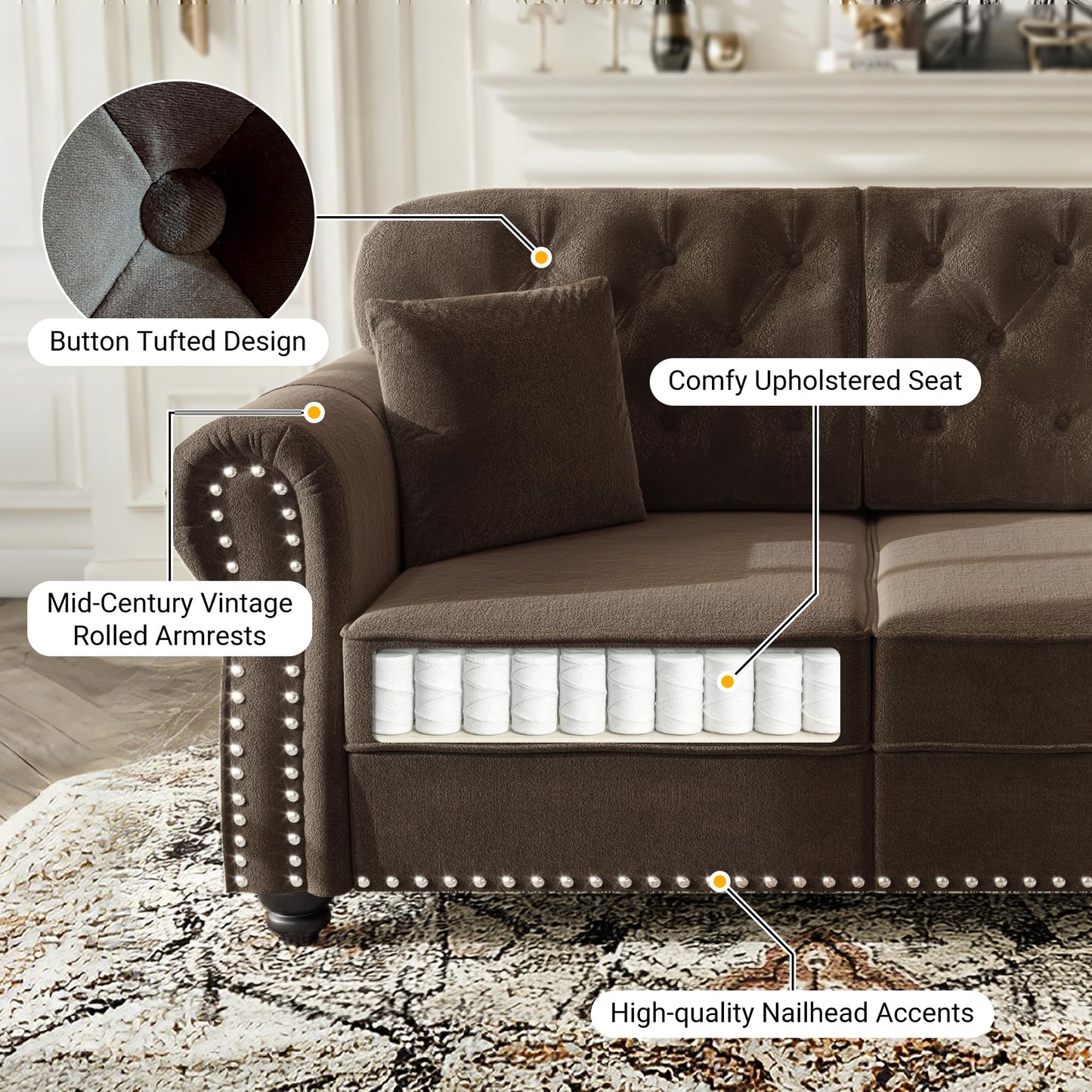 KEIKI 2-Piece Chesterfield Sofa Set with 1 Velvet 3-Seater Sofa & 1 Loveseat Sofa, Upholstered 5-Seater Couch Set with Nailhead Trim & Rolled Arms & 1 Ottoman & 5 Pillow, for Living Room, Brown