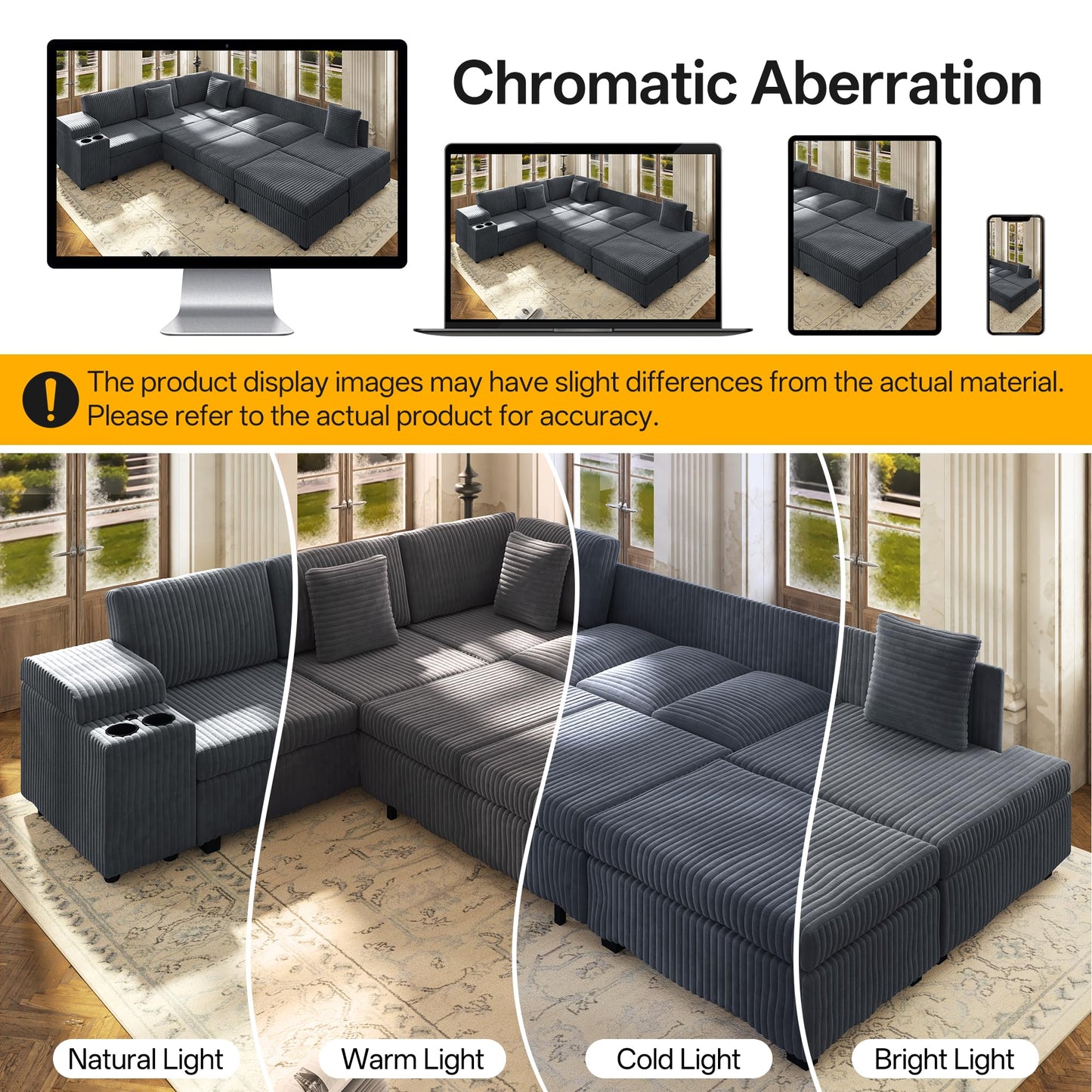 KEIKI 110" L-Shaped Oversized Plush Corduroy Modular Sectional Sofa with Pull-Out Bed, Convertible 6-Seater Sleeper Couch Bed with 1 Ottomans & USB & Cup Holders, Easy Assembly, for Living Room, Gray