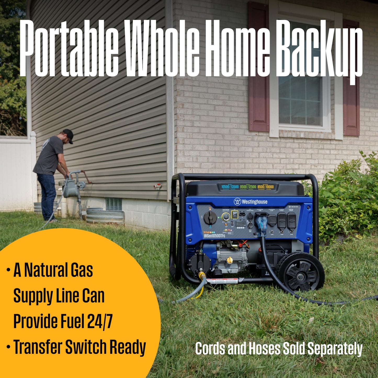 Westinghouse 13500 Peak Watt Tri-Fuel Home Backup Portable Generator, Remote Electric Start, Transfer Switch Ready, Gas, Propane, and Natural Gas Powered