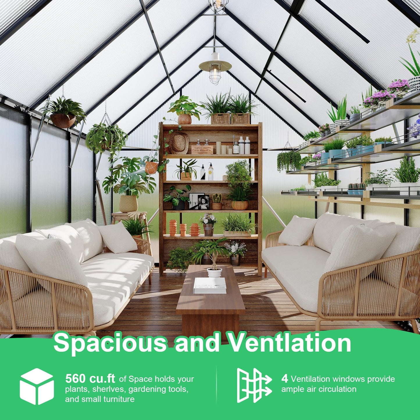 Polycarbonate Greenhouse for Outdoors, Large Walk-InGreenhouse with Quick Setup Structure and Roof Vent, Greenhouse with Ventilation and Rain Gutter