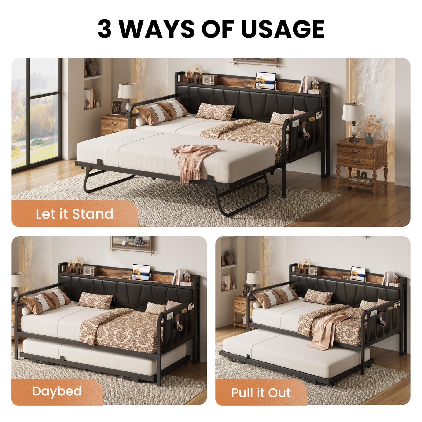 LIKIMIO Twin Daybed, Day Bed with Trundle, Storage Upholstered Headboard and Charging Station, Trundle Bed with Strong Supports for Living Room, Bedroom, and Guest Room, Black