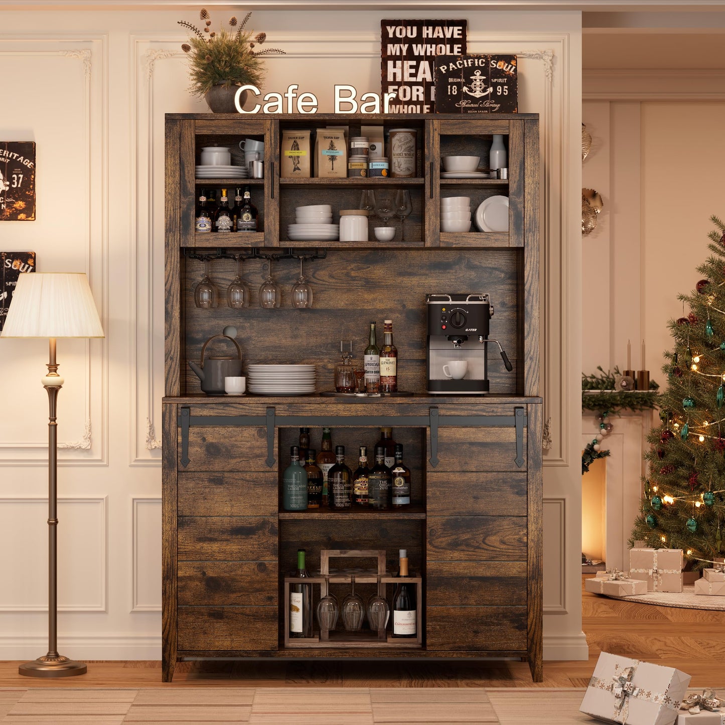 IDEALHOUSE 70'' Wine Coffee Bar Cabinet with Storage Hutch, Tall Kitchen Pantry Liquor Cabinet with Sliding Barn Doors, Bottle Glasses Rack, Farmhouse Buffet for Home Dining Room, Brown