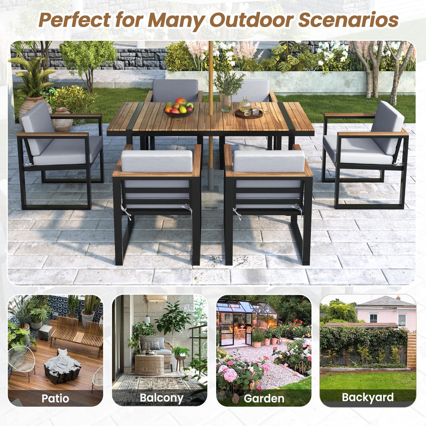 Outdoor Patio Sofa Set 4-Piece with Cushions, Woven Rope Design Seating, Acacia Wood & Steel Frame, Water-Resistant Fabric, 3-Seat Couch, Chairs & Dual-Layer Coffee Table for Garden Balcony, Grey