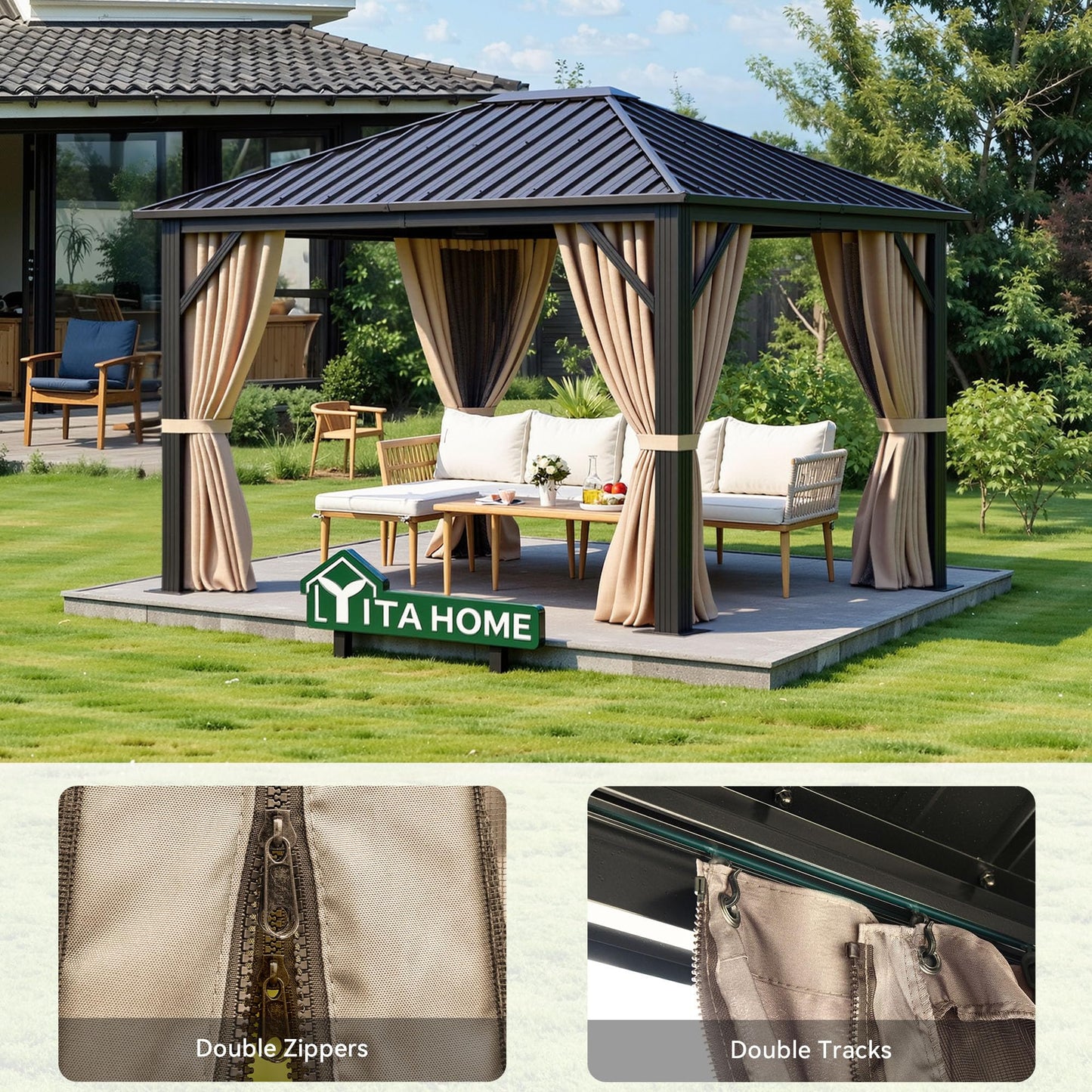 YITAHOME 10X12FT Hardtop Metal Gazebo Single Top Outdoor Patio Canopy Galvanized Iron Aluminum Column Garden Tent Curtains Netting for Backyards Decks Lawns,Brown