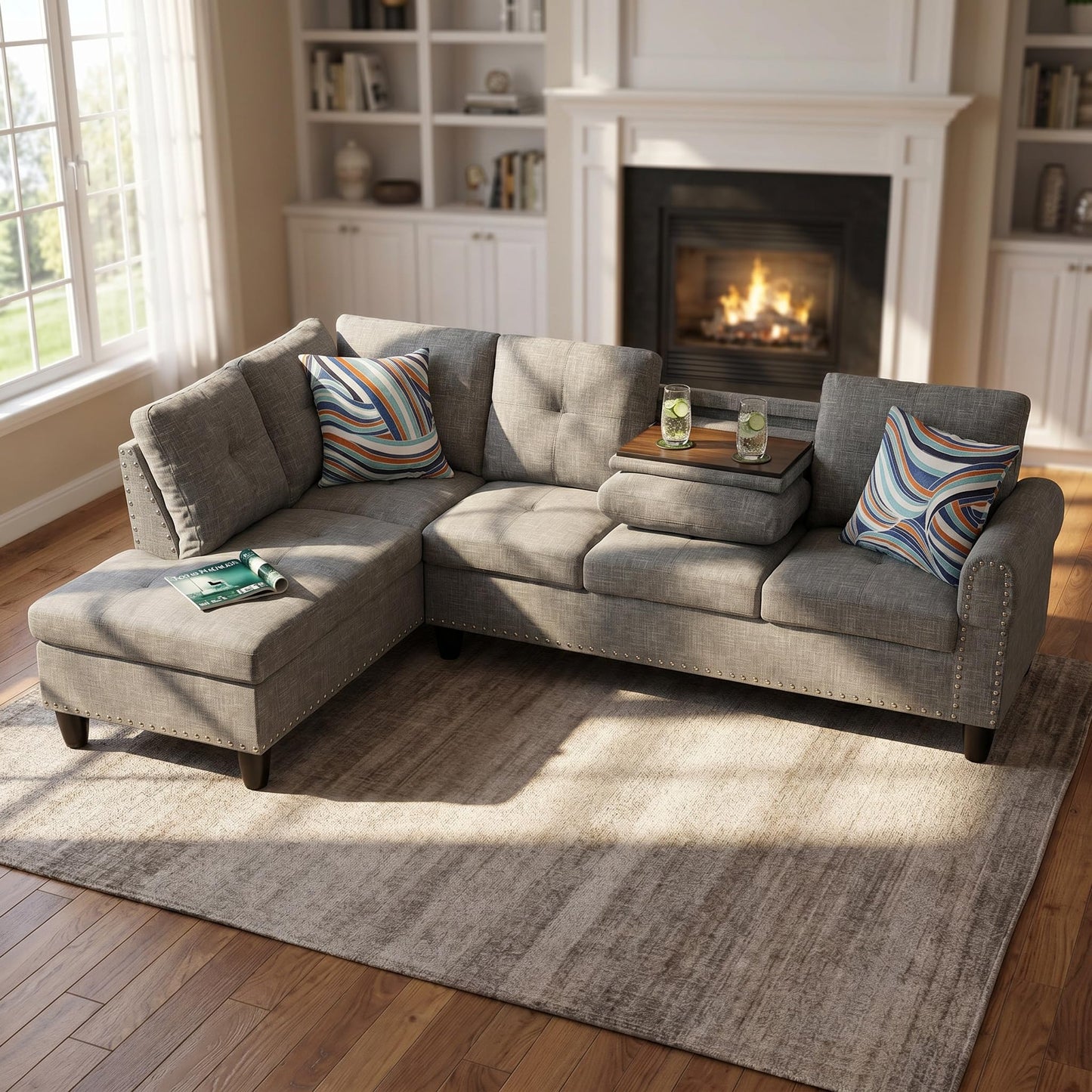 Trygoal L-Shaped Sectional Sofa, Modern 4-Seat Couch with Built-in Cup Holders, Upholstered Fabric Sectional Couch with Right Facing Chaise for Living Room, Apartment, Office, Brown Grey