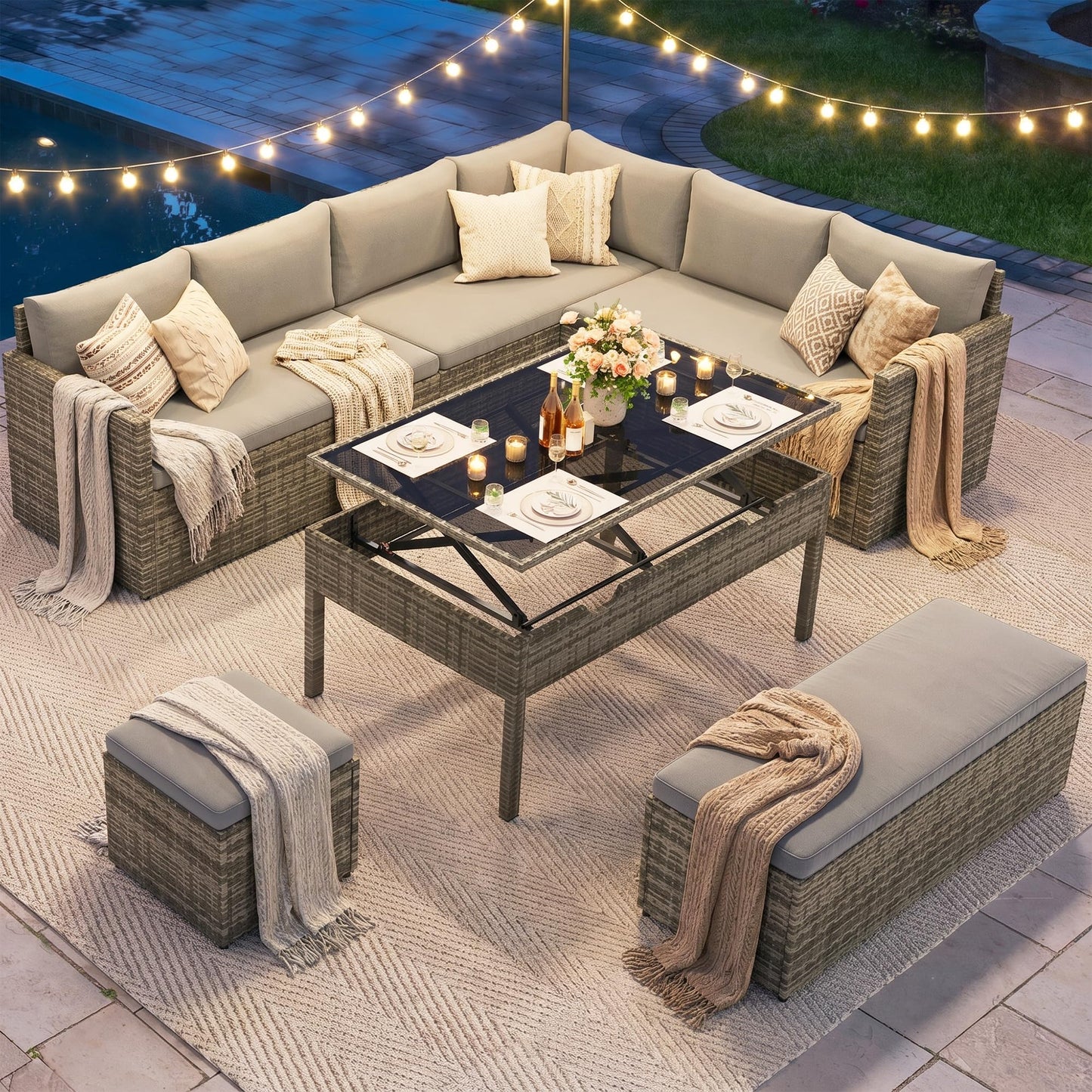 YITAHOME 9PCS Patio Furniture Set with Lift-Top Coffee Table & Ottoman, Outdoor Modular Sectional Sofa, Waterproof Patio Conversation Set, All-Weather Patio Sofa, Outdoor Couch for Deck Backyard
