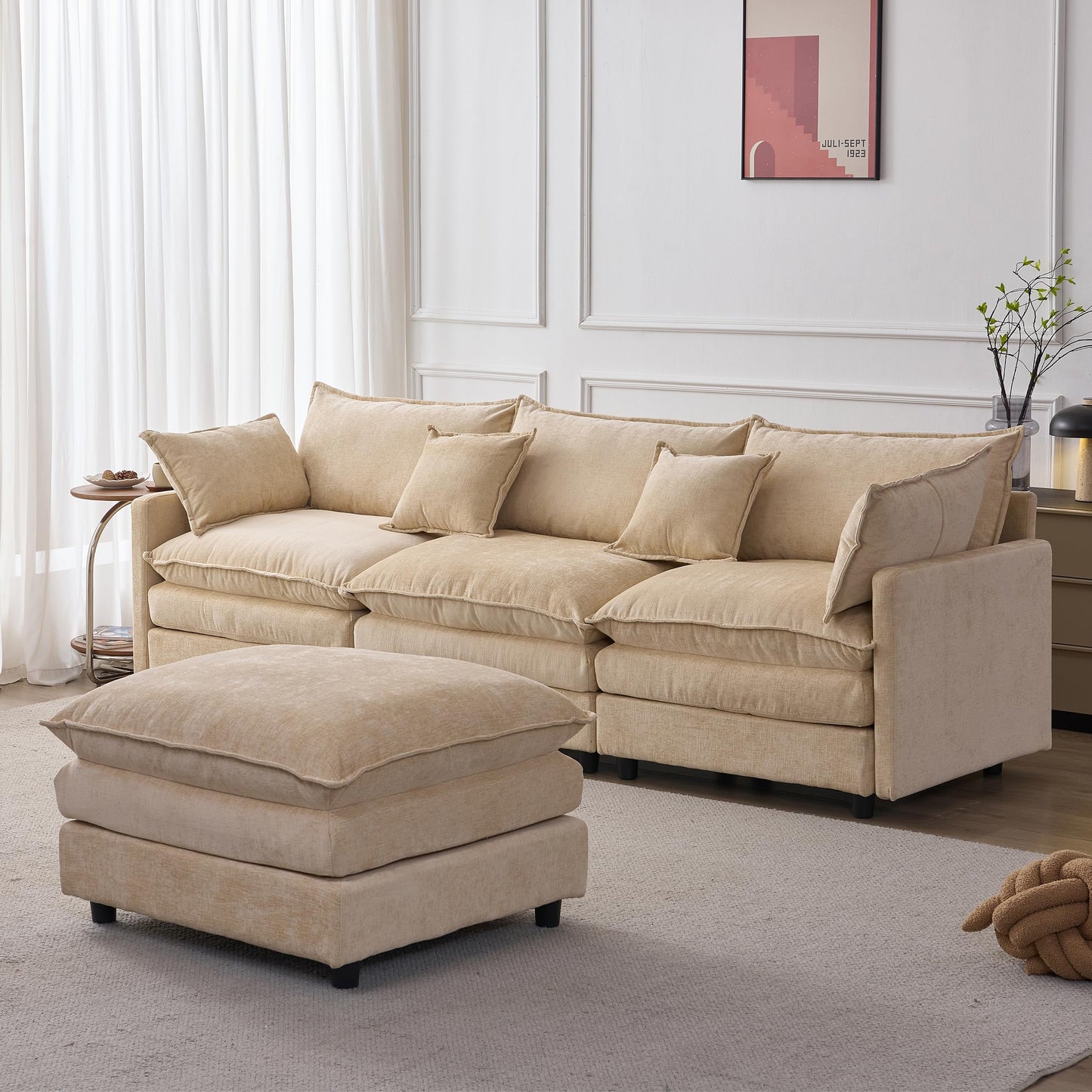 KEIKI 3 Seater Chenille Modular Sectional Couch Sofa with Ottoman, Double-Layer Seat Cushions & Back Cushions, Modern L-Shape Upholstered Cloud Soft Sofa Couches Chaise Lounge for Living Room