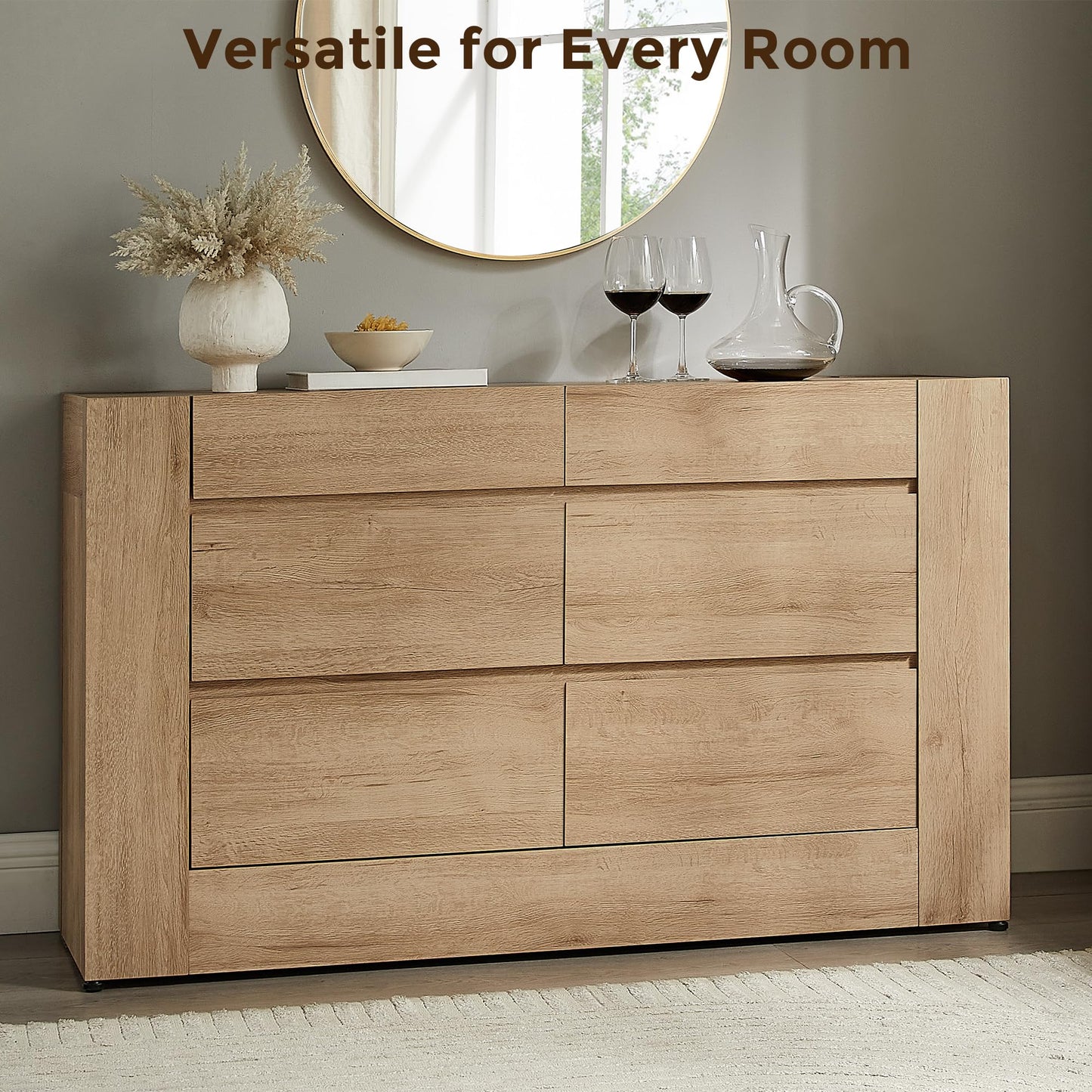 OKD 6 Drawer Dresser for Bedroom, 54" Wide Chest of Drawers with Thick Wood Design, Handleless, Modern Bedroom Dresser, Storage Organizer for Living Room/Entryway/Hallway, Natural Oak