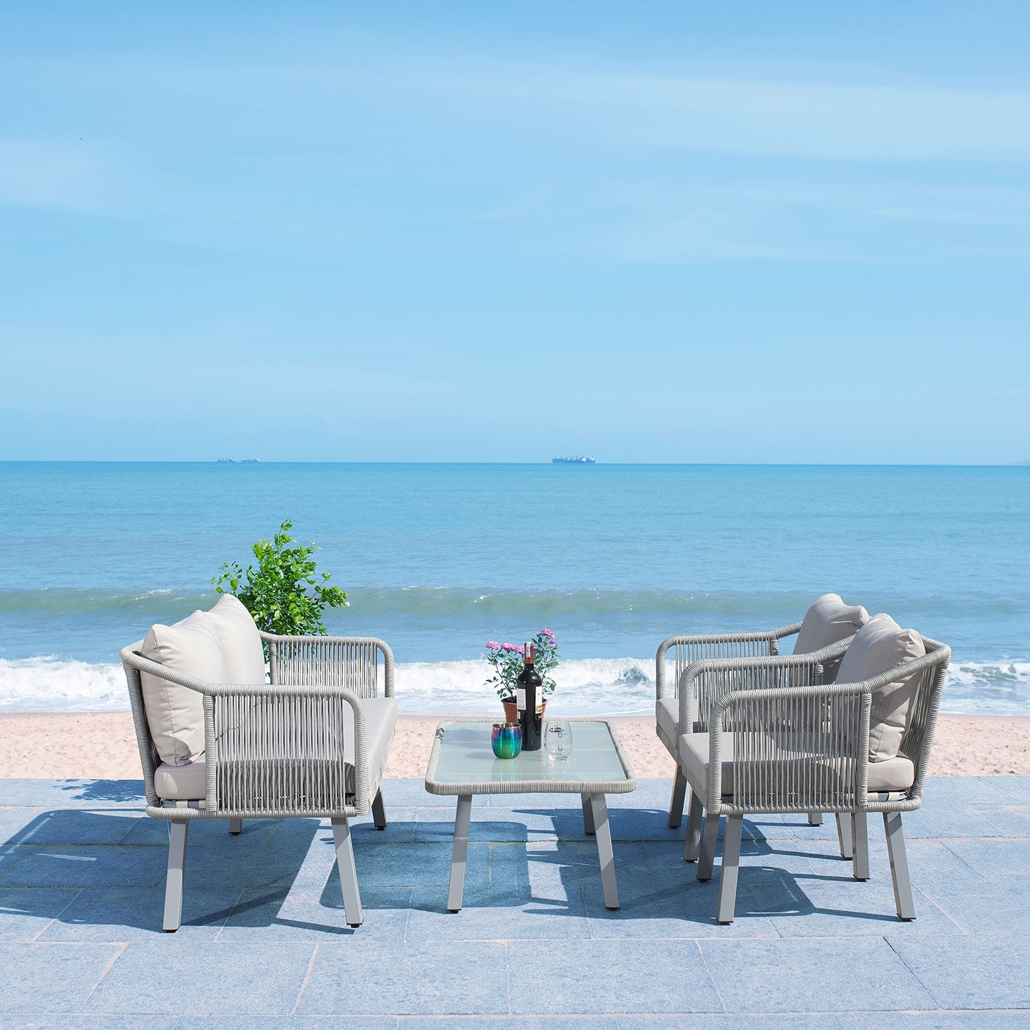 Safavieh Outdoor Collection Torsla Wicker Cushion 4-Piece Rope Patio Backyard Living Set PAT7520C, Grey/Grey
