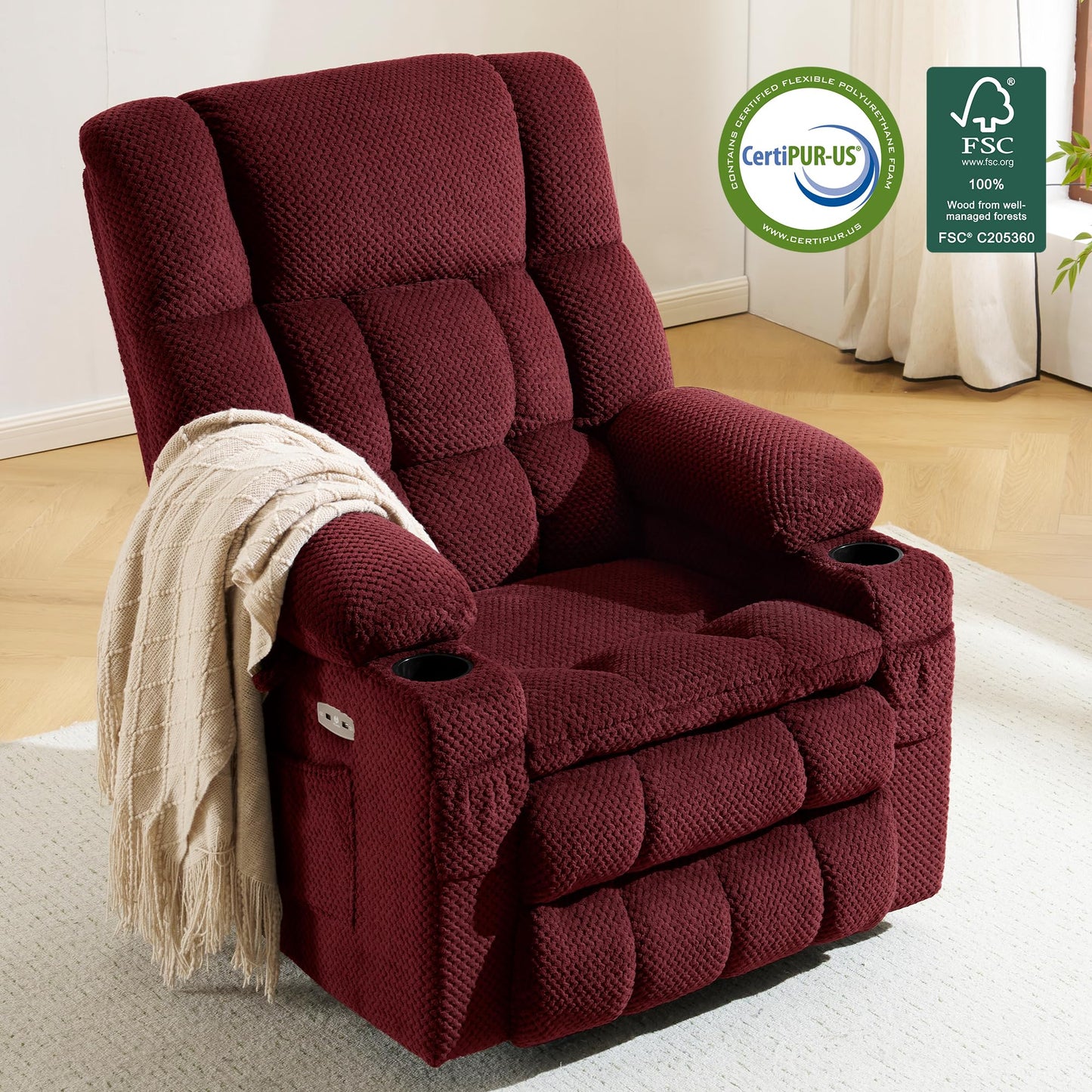 MCombo Dual Motor Power Lift Recliner Chair with Massage and Heat for Elderly People, Infinite Position, USB Ports, Cup Holders, Fabric 7890 (Medium, Burgundy)