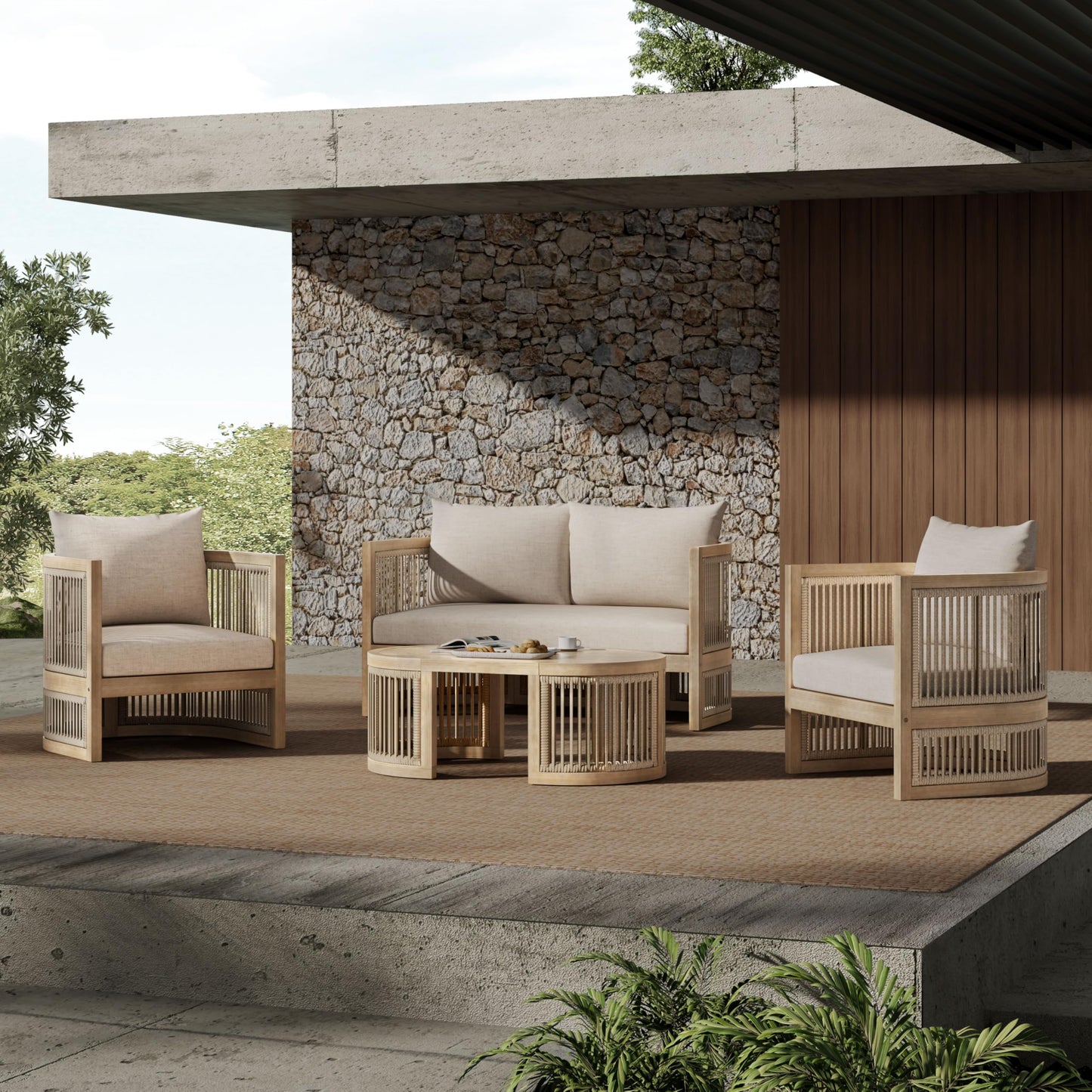 Christopher Knight Home Delbert Acacia Wood 4 Piece Patio Furniture Set, Wooden Patio Conversation Set with Club Chair+Coffee Table, 4-Seater Outdoor Loveseat Sofa Chair and Table Set, Natural+Beige