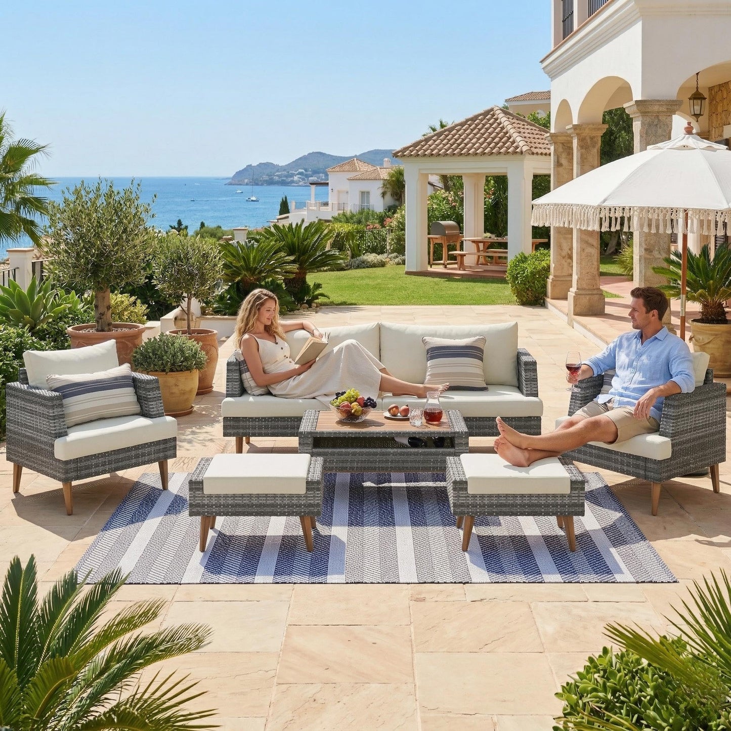 6-Piece All Weather PE Wicker Sofa Set, Outdoor Rattan Sofas with Double Cushions, Wood Legs & Table Top, Sturdy Patio Conversation Sets with Ottomans for Garden, Balcony, or Deck, Gray+Beige