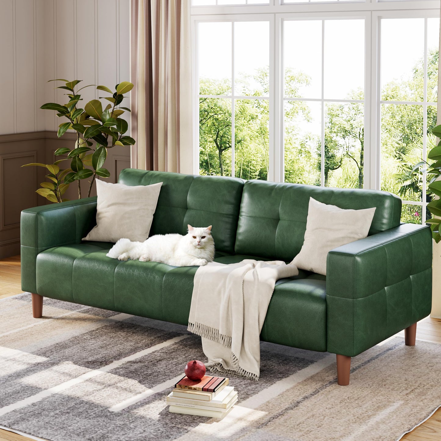 GarveeHome 3-Seater Sofa Couch, 83 in Wide Faux Leather Sofa Couch with Spring Cushion, Modern Sofa with Deep Seats and 2 Removable Back Cushions, for Living Room, Bedroom, Apartment, Office, Green