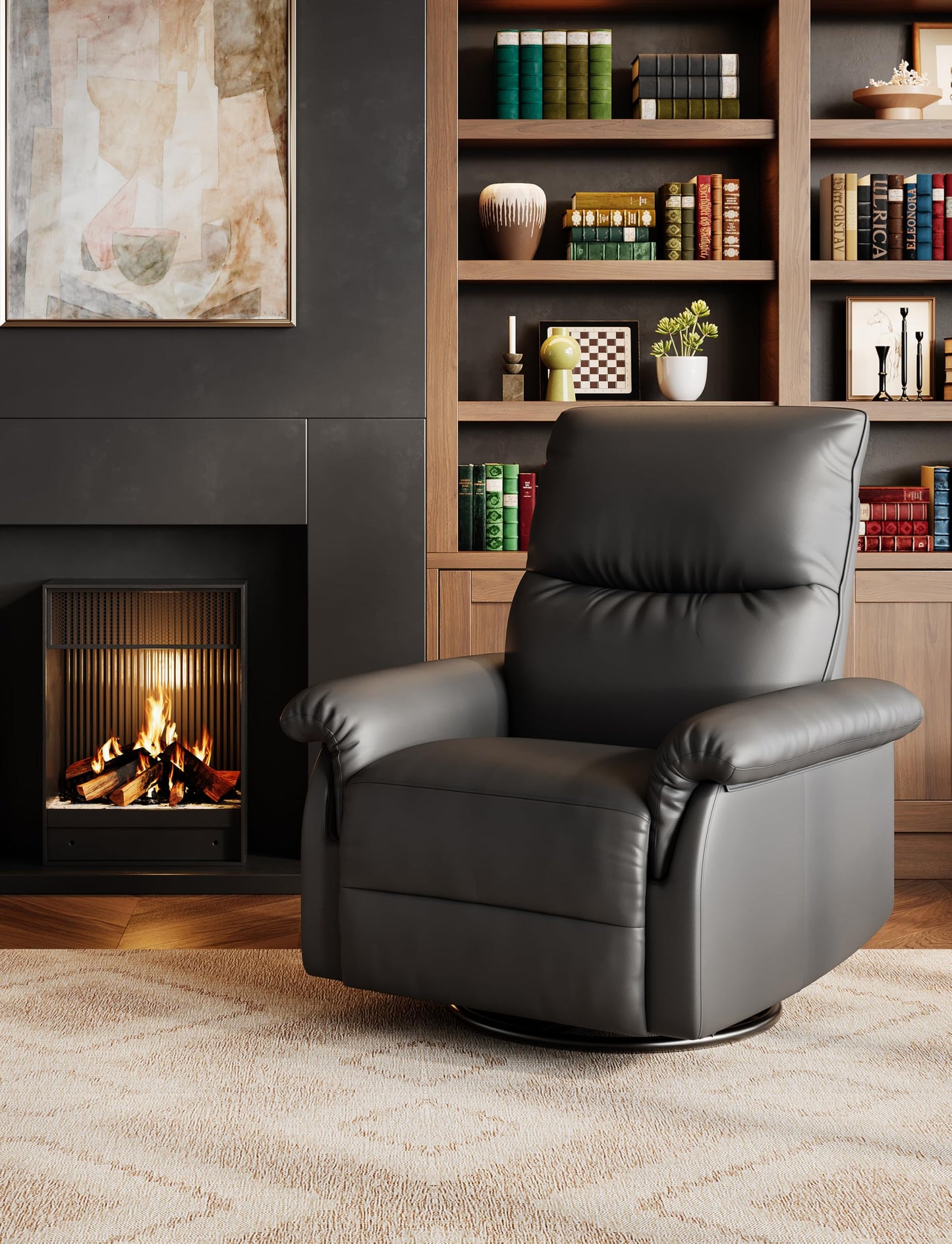GAOMON Swivel Rocking Recliner Chair, Manual Leather Recliner Glider with Lumbar Support & Padded Armrest, Comfortable Rocker Nursery Single Sofa for Living Room and Bedroom (Black)
