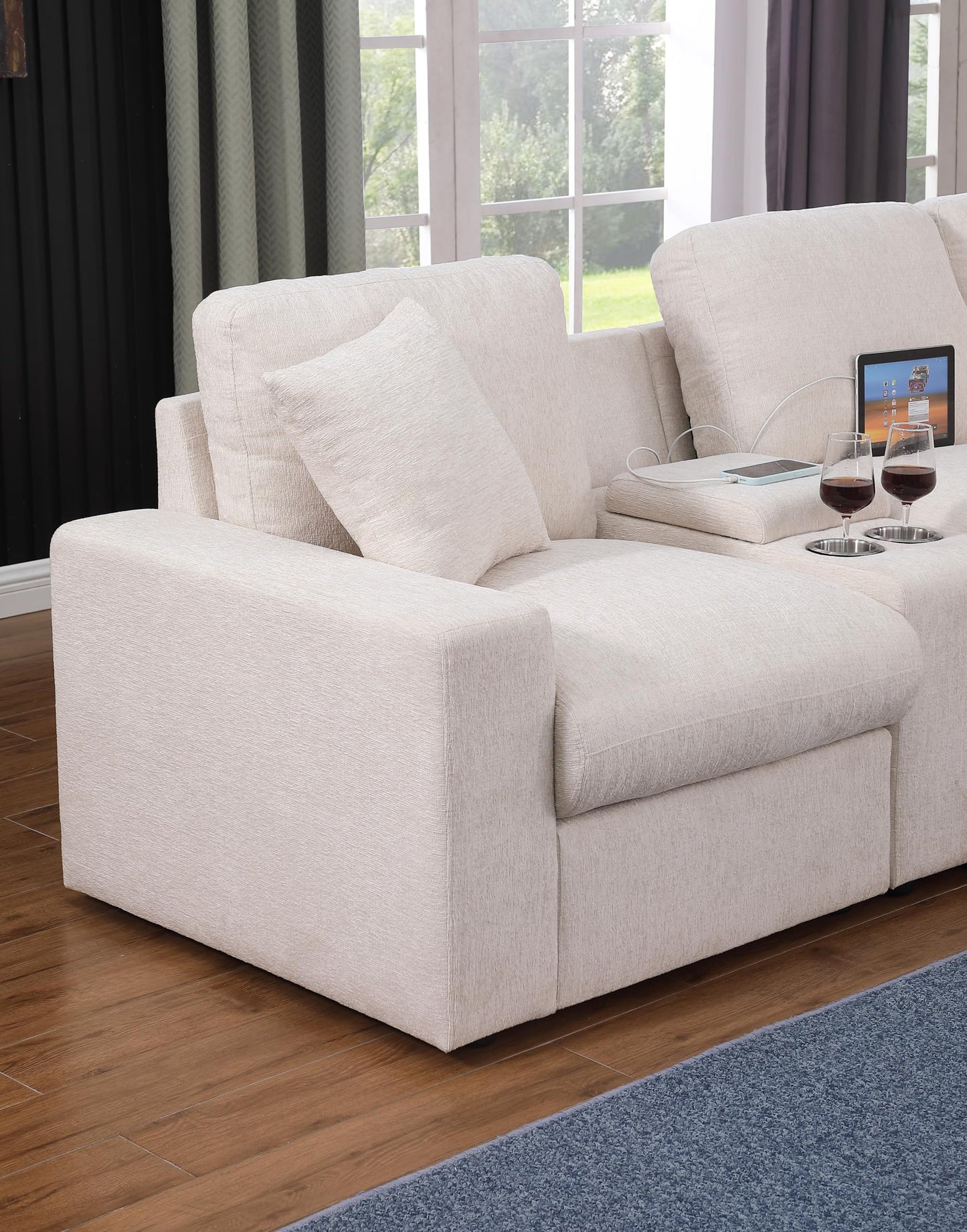 YOPTO 127" Modular Sectional Sofa,Modern Oversized Cloud Couch with Cup Holder&USB Port,7 Seater Convertible L-Shaped Chenille Sofas W/Ottoman,2 Pillows&Storage Box,Comfy Couches for Living Room,Beige