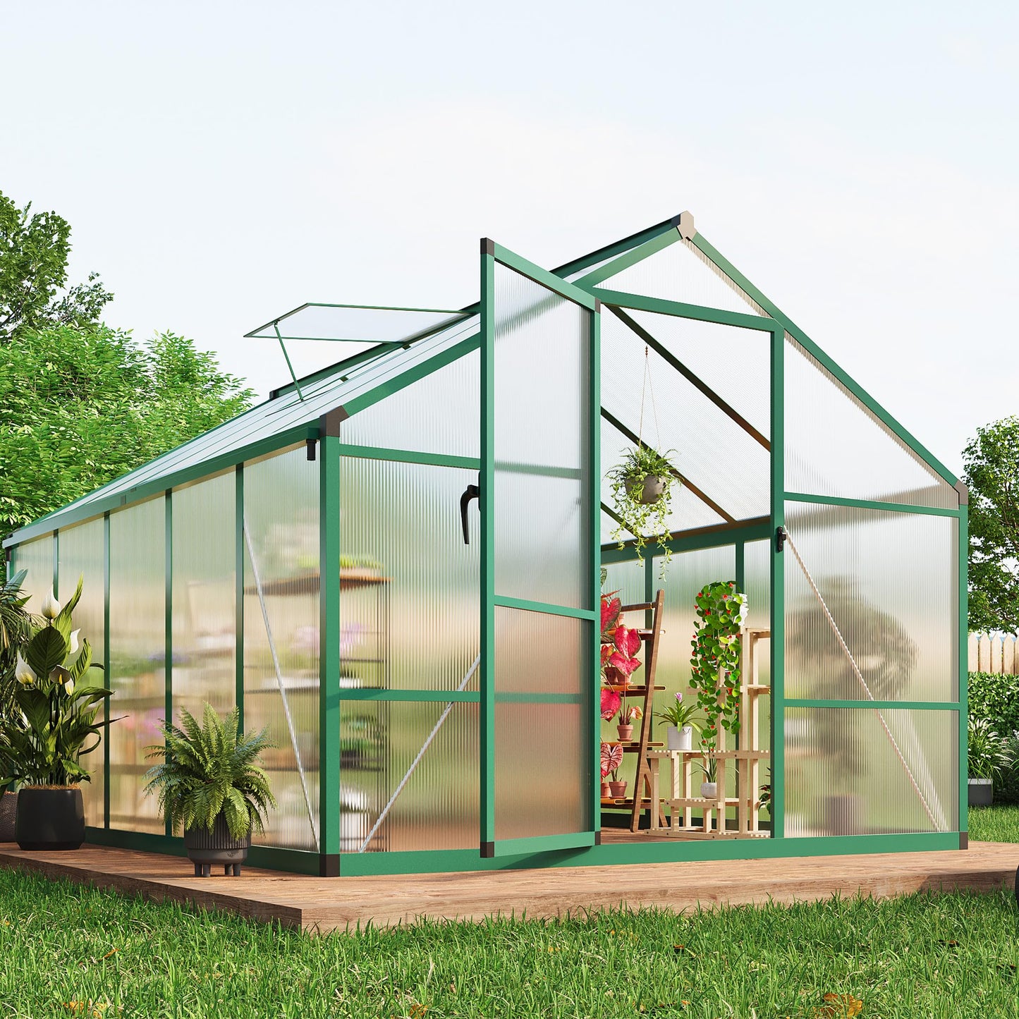 8x10 Ft Outdoor Greenhouses, Greenhouse Kit, Portablee Greenhouses with Ground Nails and Vent Windows, Sliding Lockable Door, Polycarbonate Green House for Outside Garden Backyard, Green