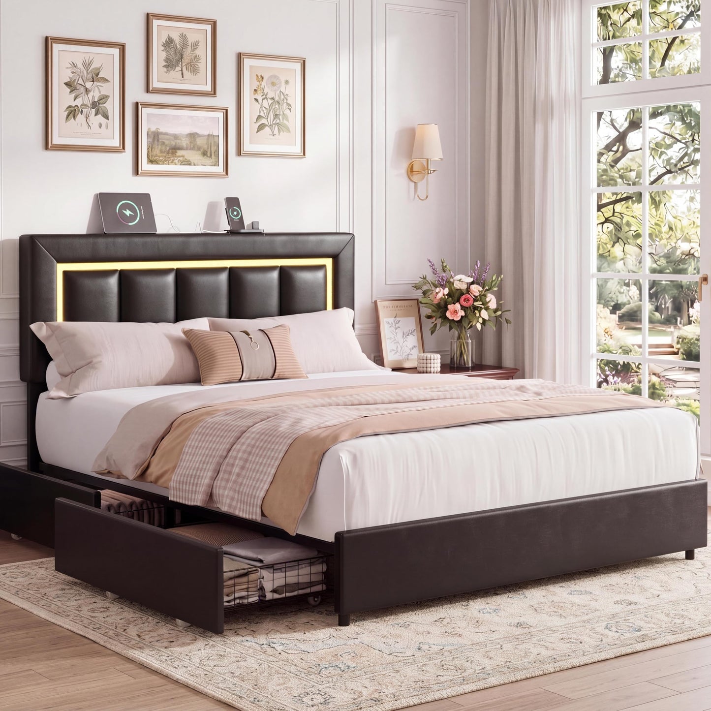 Garvee Full Size Storage Bed Frame with 4 Drawers, LED Lights, Charging Station, Adjustable Headboard, PU Leather Upholstered Platform Bed, Wooden Slats Support, No Box Spring Needed, Black