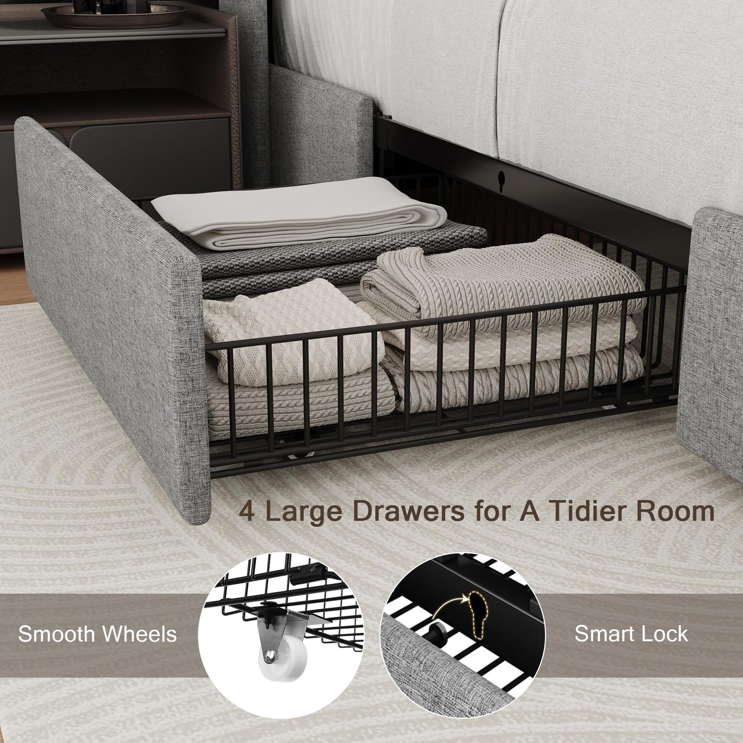 Einhomn Full Size Bed Frame with 4 Storage Drawers and Charging Station, Upholstered Platform Bed Frame with Storage Headboard, No Box Spring Needed, Easy Assembly, Light Grey